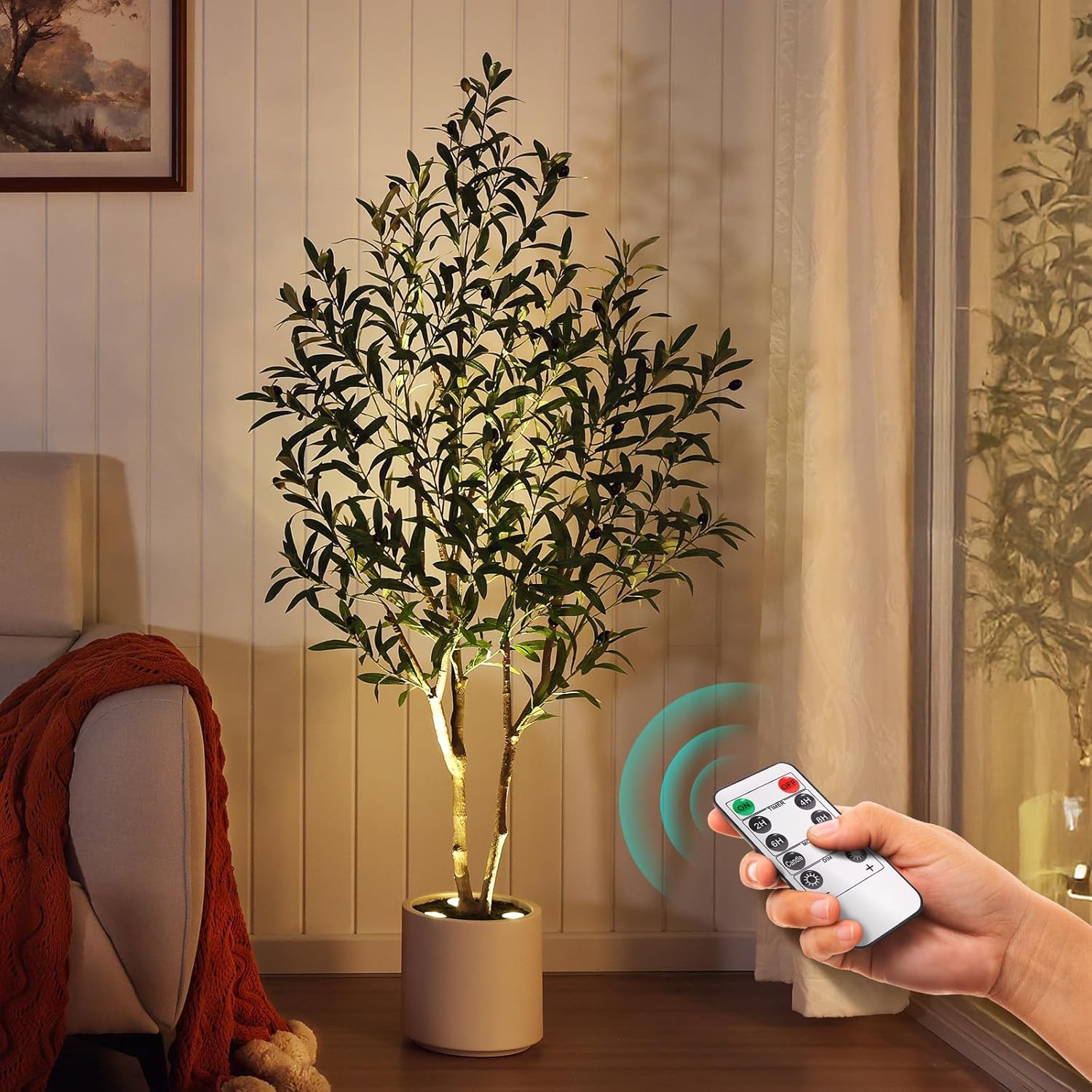 5FT Artificial Olive Tree with LED Spotlights in White Planter for Home Decor