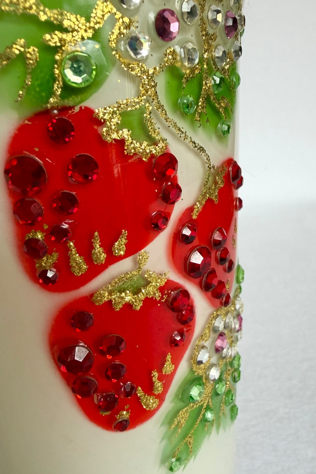Vintage Candle Holder Glass Red Strawberry Leaf Applied Jewel Rhinestones 9”