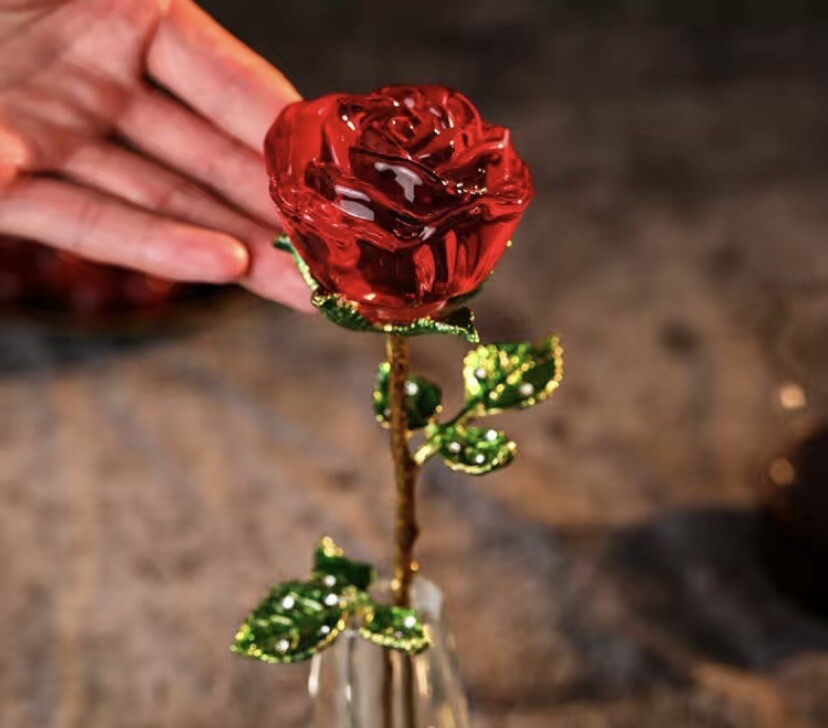 Crystal Glass Red❤️Rose Flower Gold Plated Long Stem Love Valentine’s Day Gift🌹