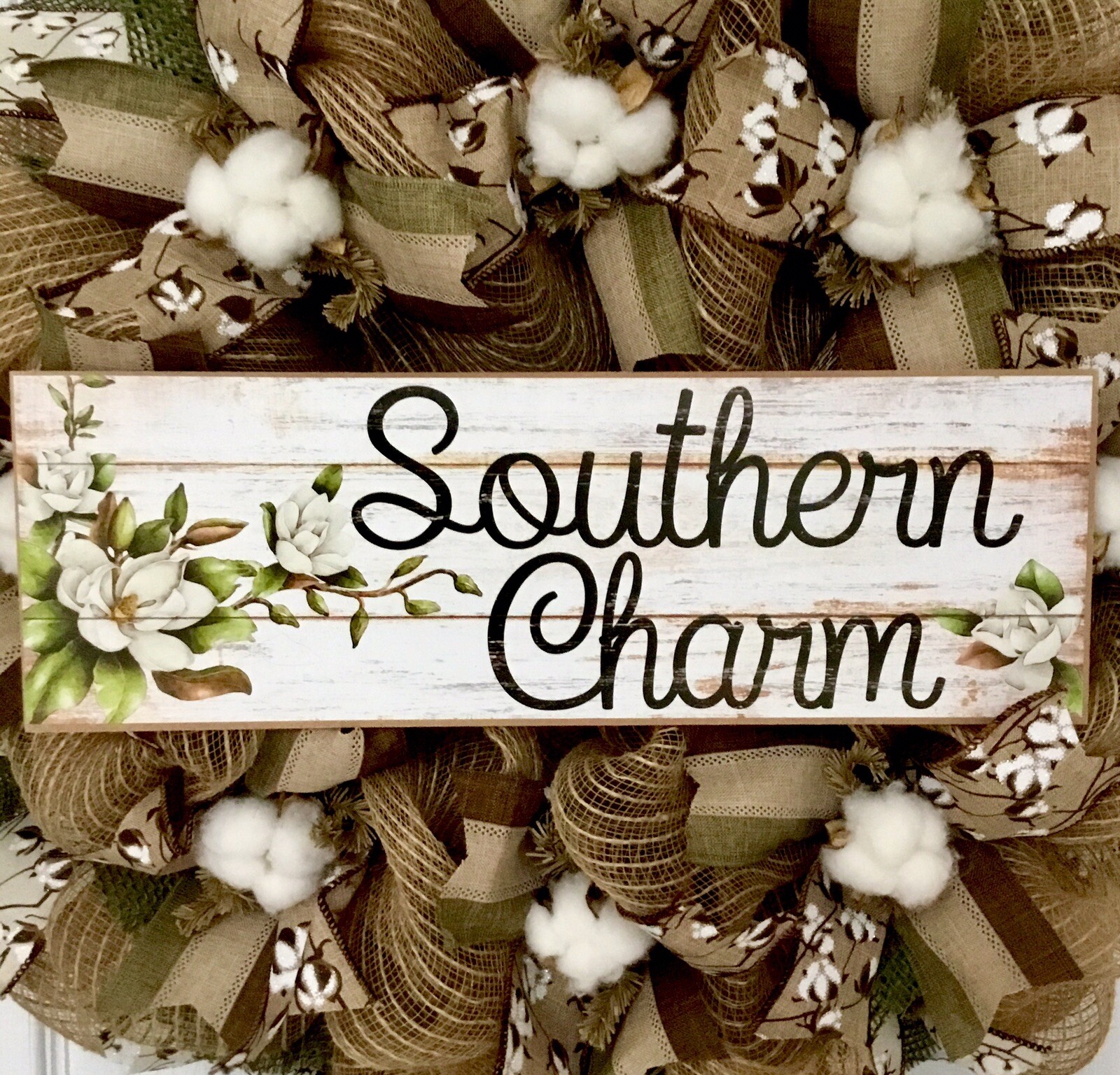 Southern Charm Cotton Blossom Burlap Deco Mesh Handmade Wreath