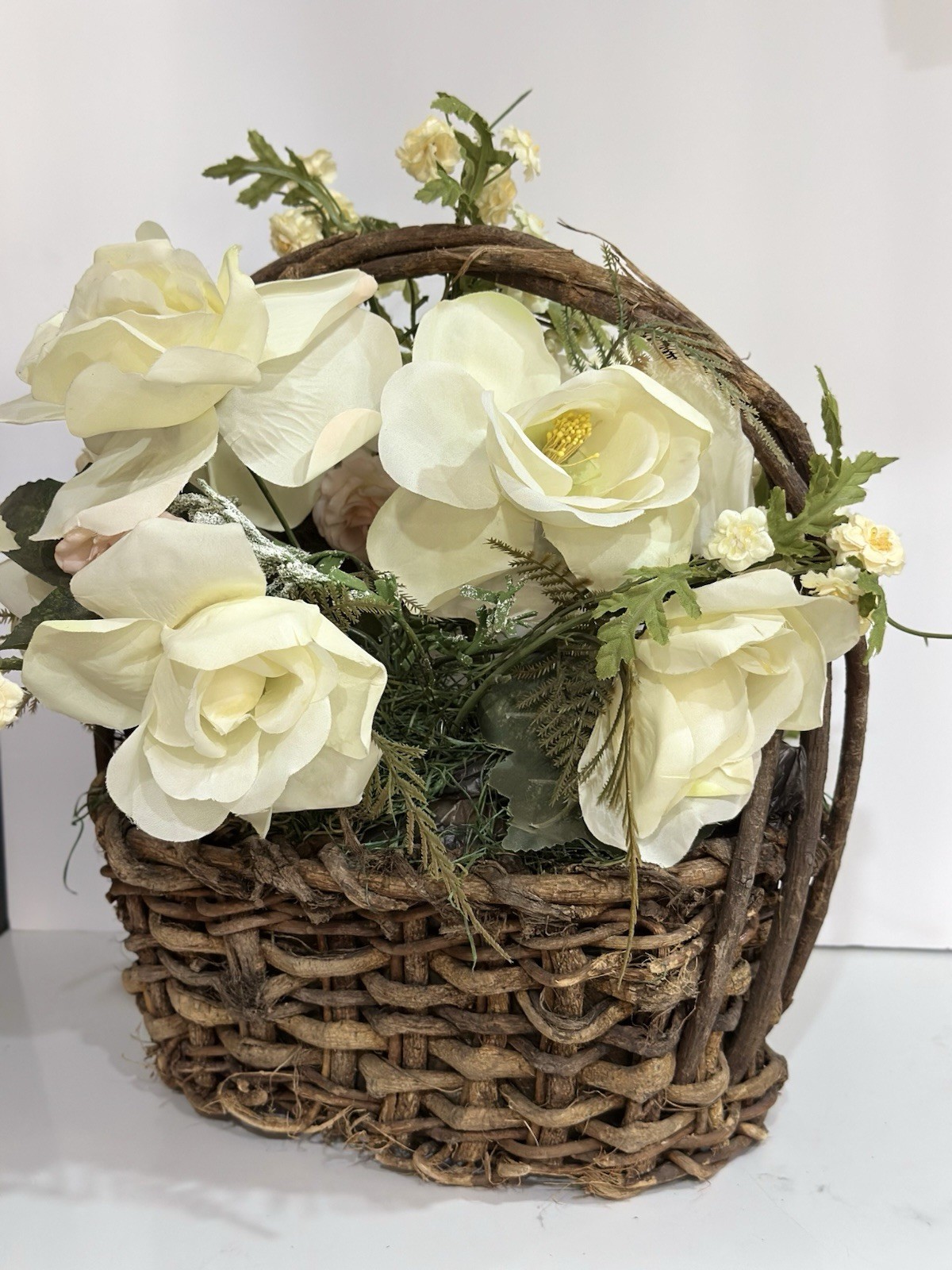 VTG Flower arrangement Rustic Twig Vine Handmade Basket Whimsical Centerpiece