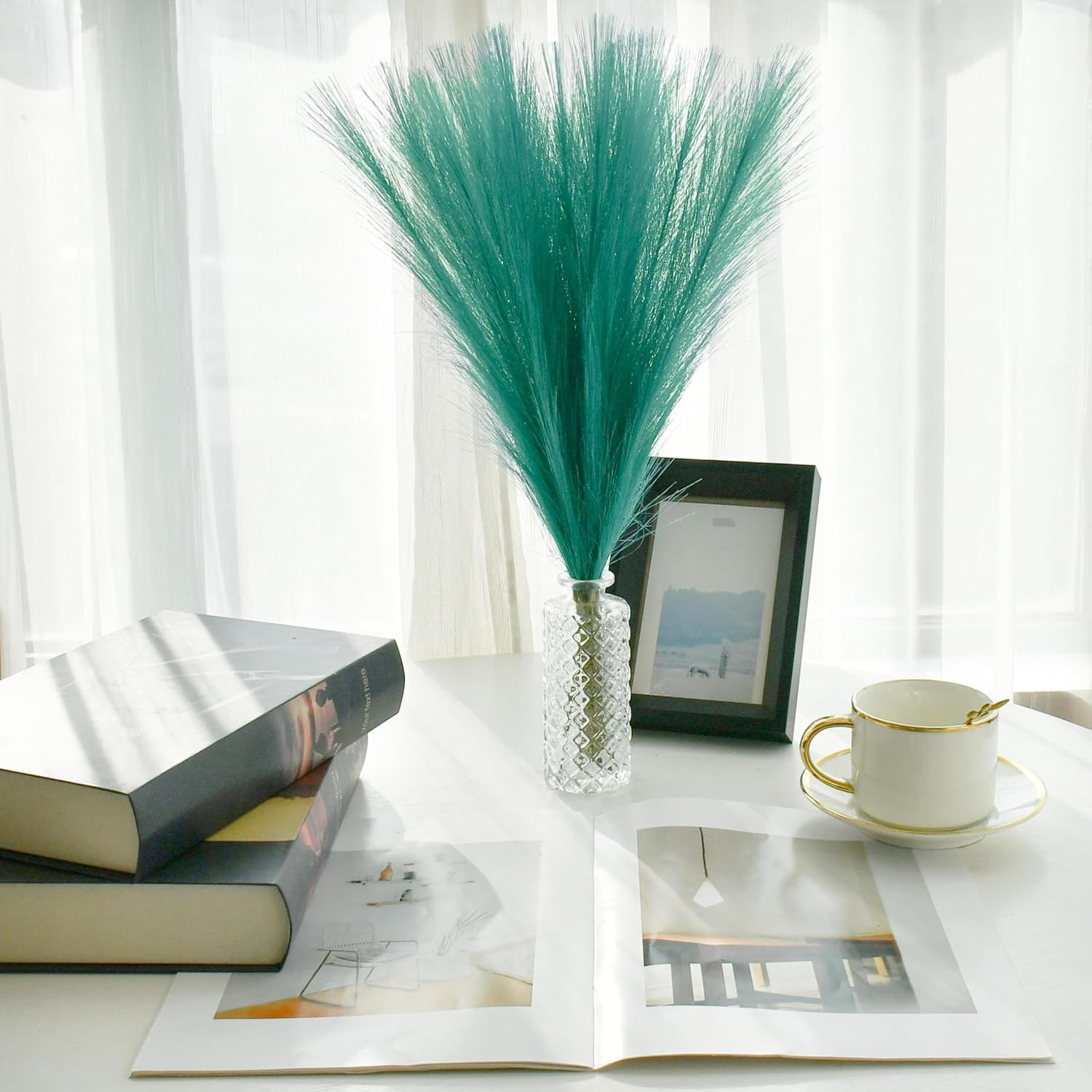 20 Stems Teal Silk Pampas Grass Bouquet | 17.7 Inch Fluffy Artificial Pampas wit