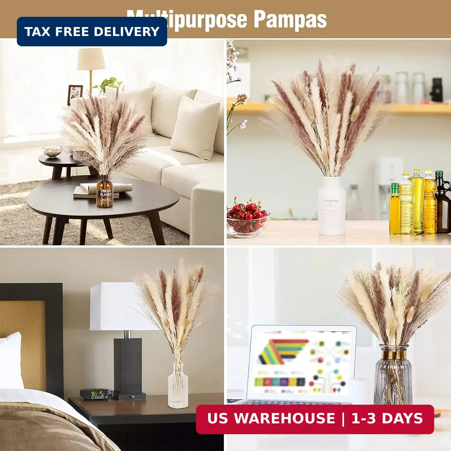 N&T NETING Dried Pampas Grass Decor- White Pampas Grass, Brown Pampas, Bunny Tai
