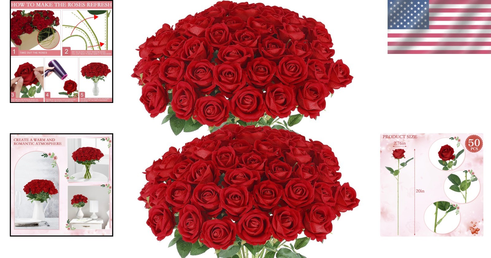 50 Pcs Artificial Roses in Bulk – Realistic Silk Flowers