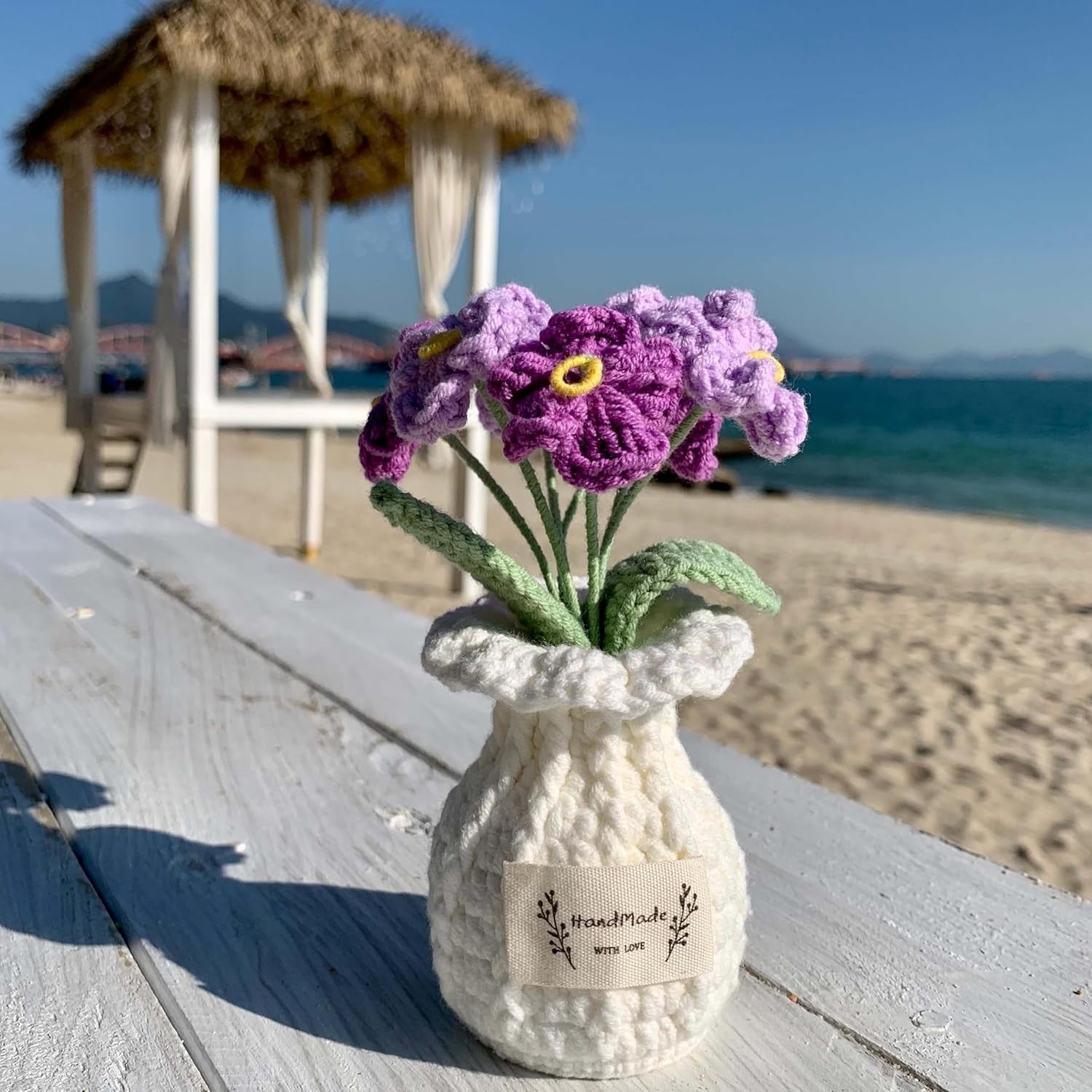 Elegant 7 Bloom Crochet Forget-Me-Not Potted Plant – Handcrafted Home Accent