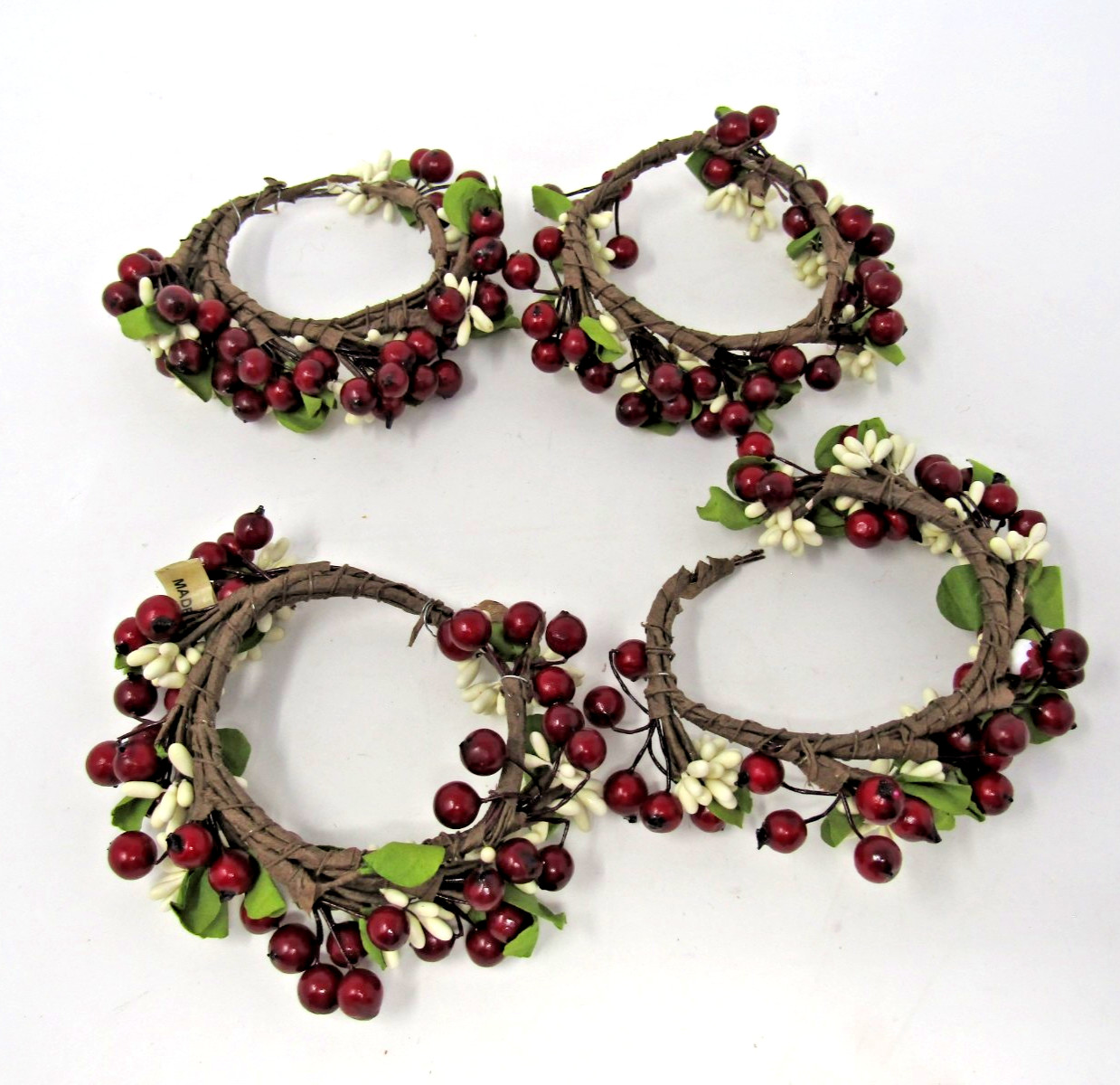 Red Green and White Faux Berries Candle Ring Wreath 2.5″ Opening Lot of 4