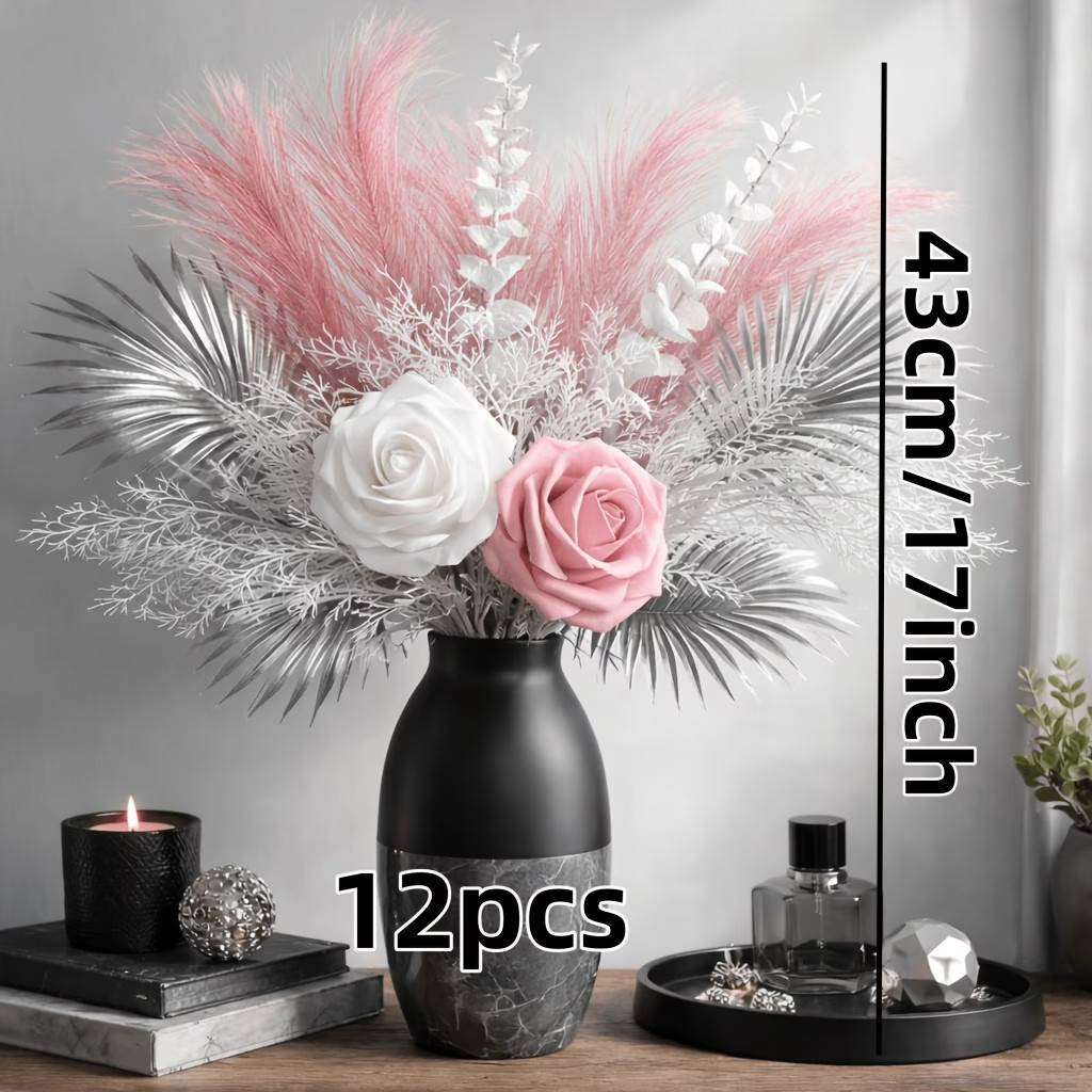 Pink and White Rose Artificial Flower Bouquet with Silvery Feather Decorations.