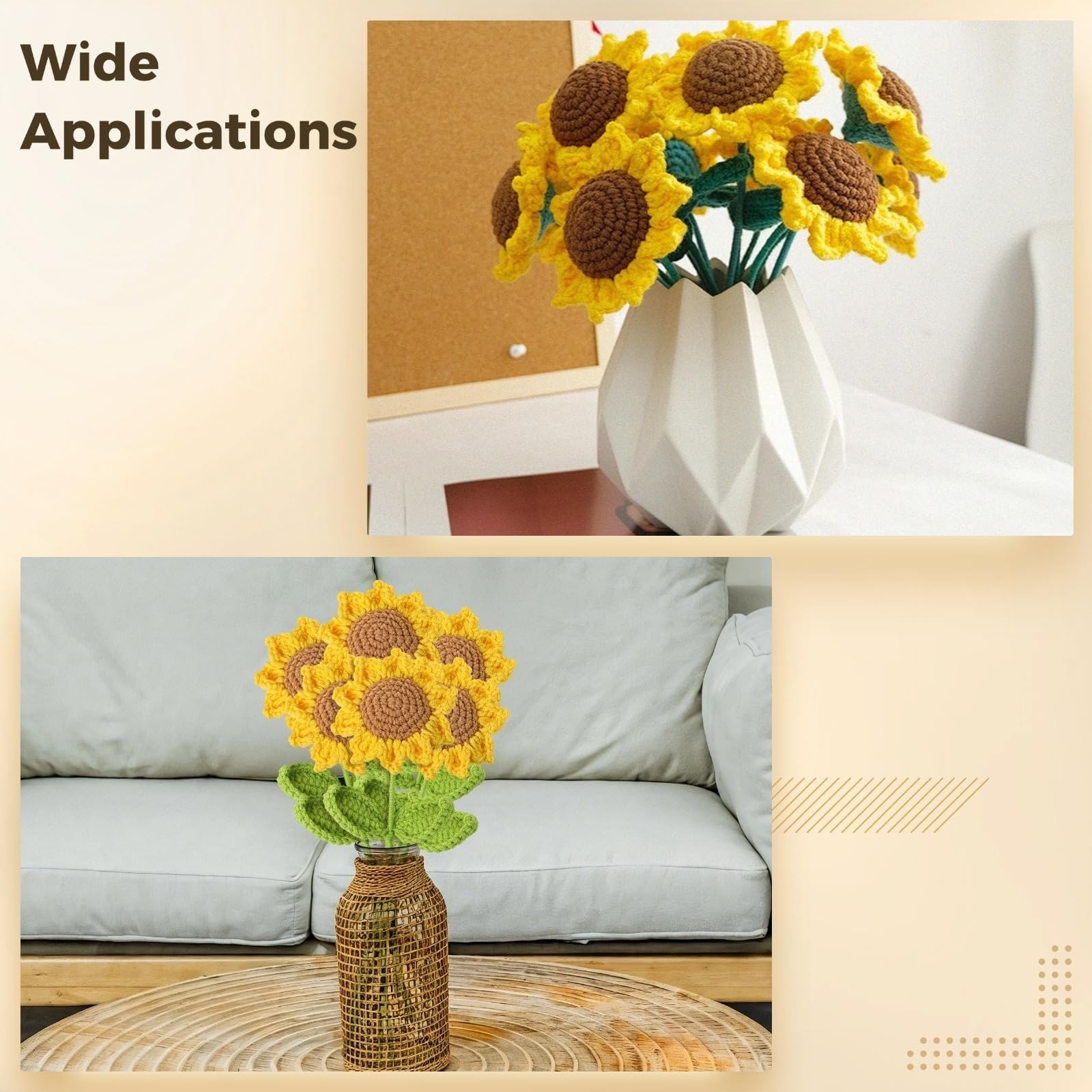 6 Pcs Crochet Sunflower Bouquet, Handmade Yellow Sunflowers with Green Leaves…