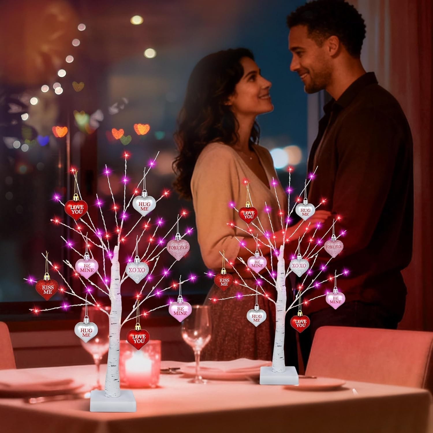 2 Pack 24in Valentine’s LED Tree with 65 Lights, Timer, USB & Battery, 18 Hearts