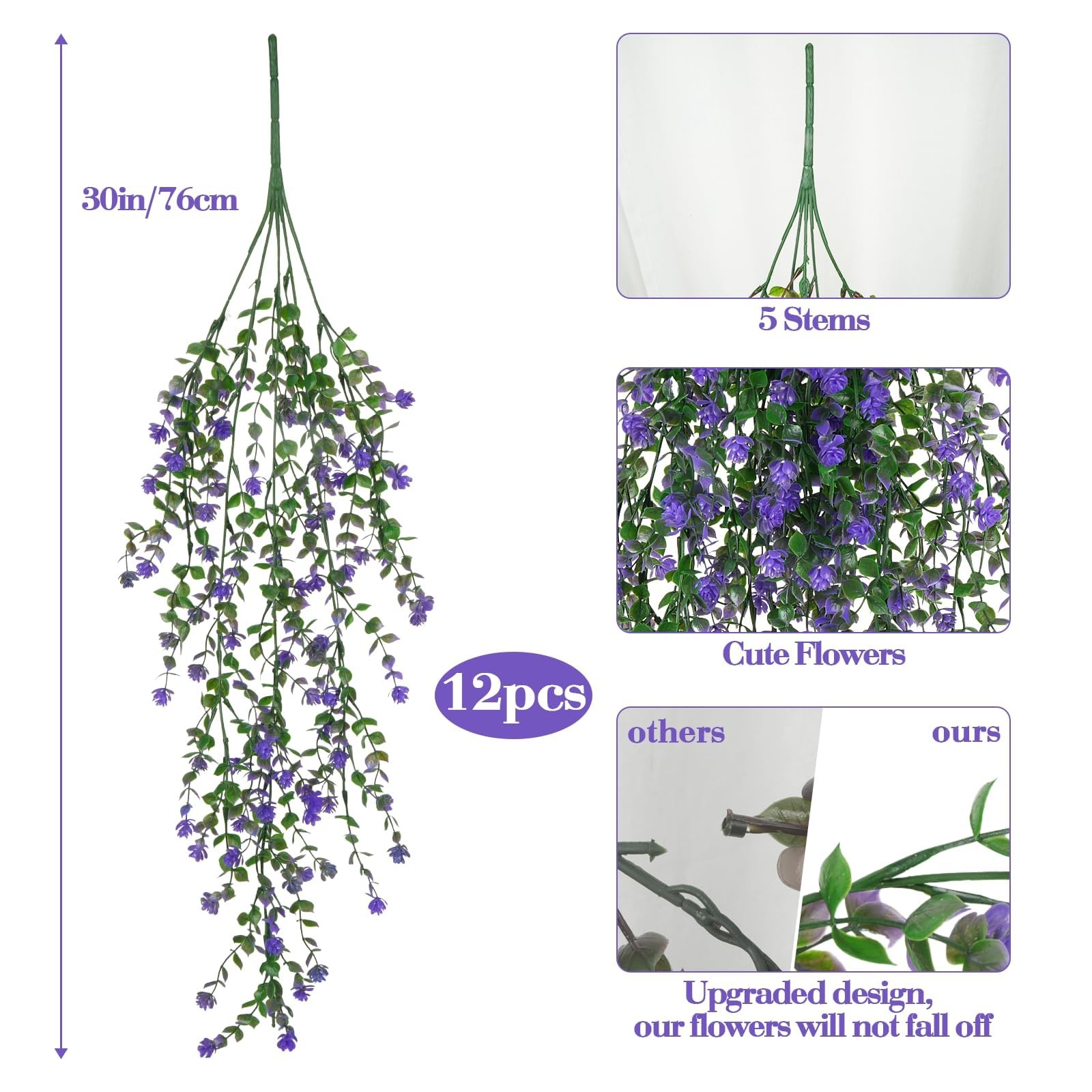 Artificial Hanging Flowers 30″ Long Faux Eucalyptus Vine 12 Pcs – UV Resistant