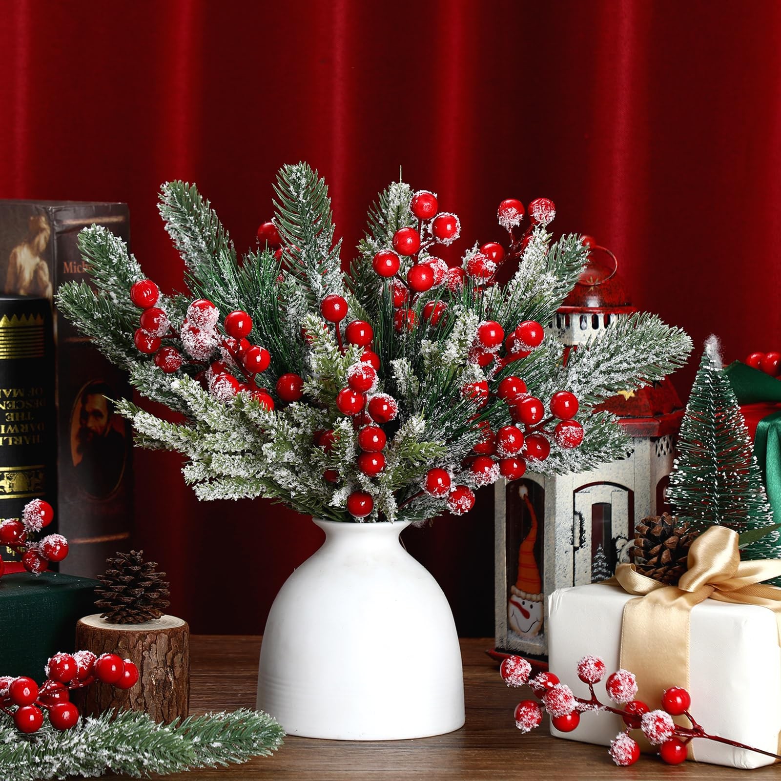 80 Pieces Christmas Snowy Pine Tree Picks Artificial Stems Sprays Faux Cedar …
