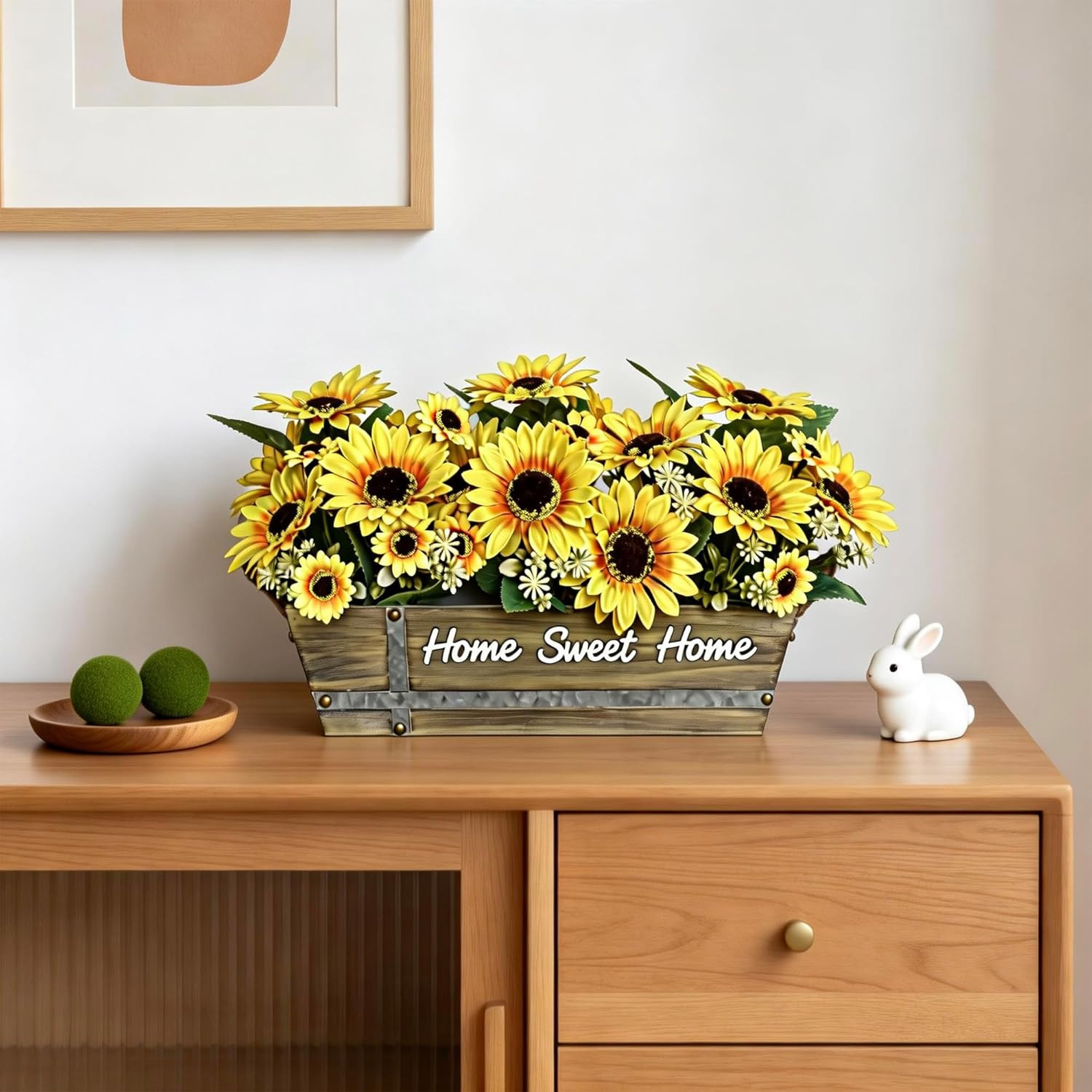 Artificial Sunflower Arrangement in Rustic Wood Box with “Home Sweet Home” Sign,