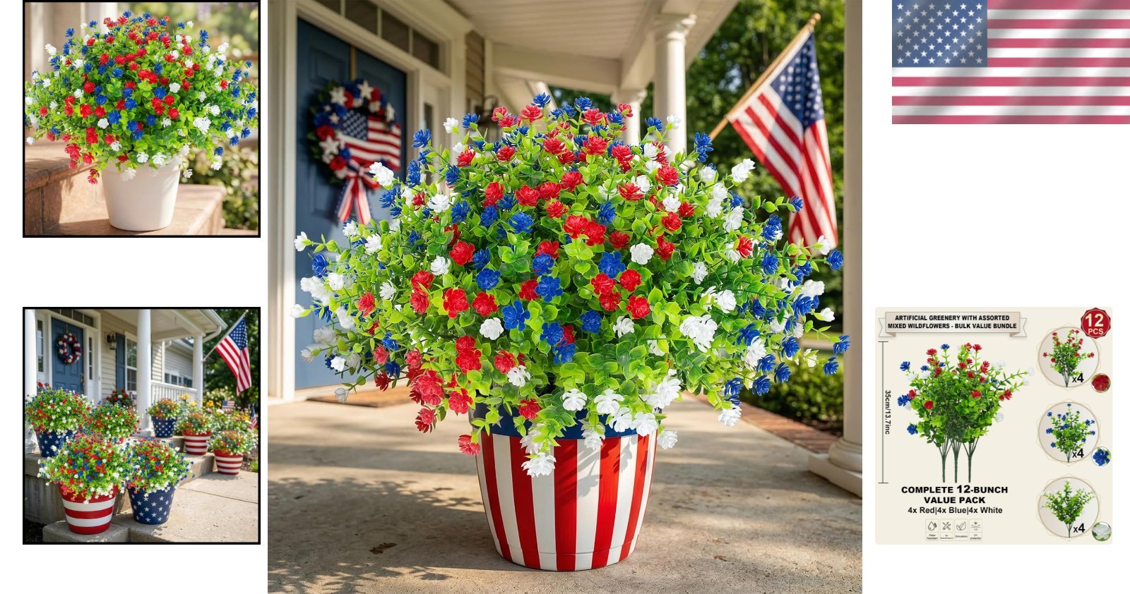 Stunning 12 Pcs Plastic Patriotic Flowers – Ready for 4th of July Celebrations