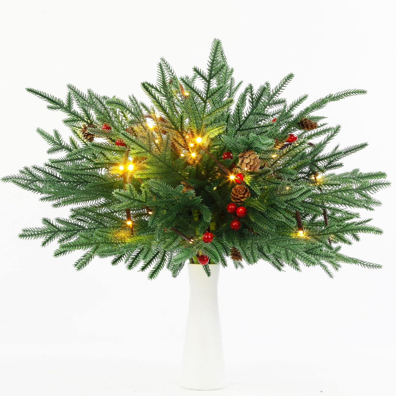 12 Pcs Christmas Norfolk Pine Branches with Lights, 17″ Artificial Xmas Stems wi