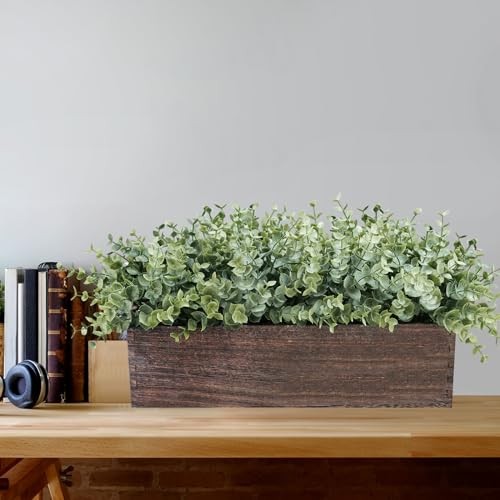 14″ Artificial in Rectangular Wood Planter Box Faux Plants Eucalyptus