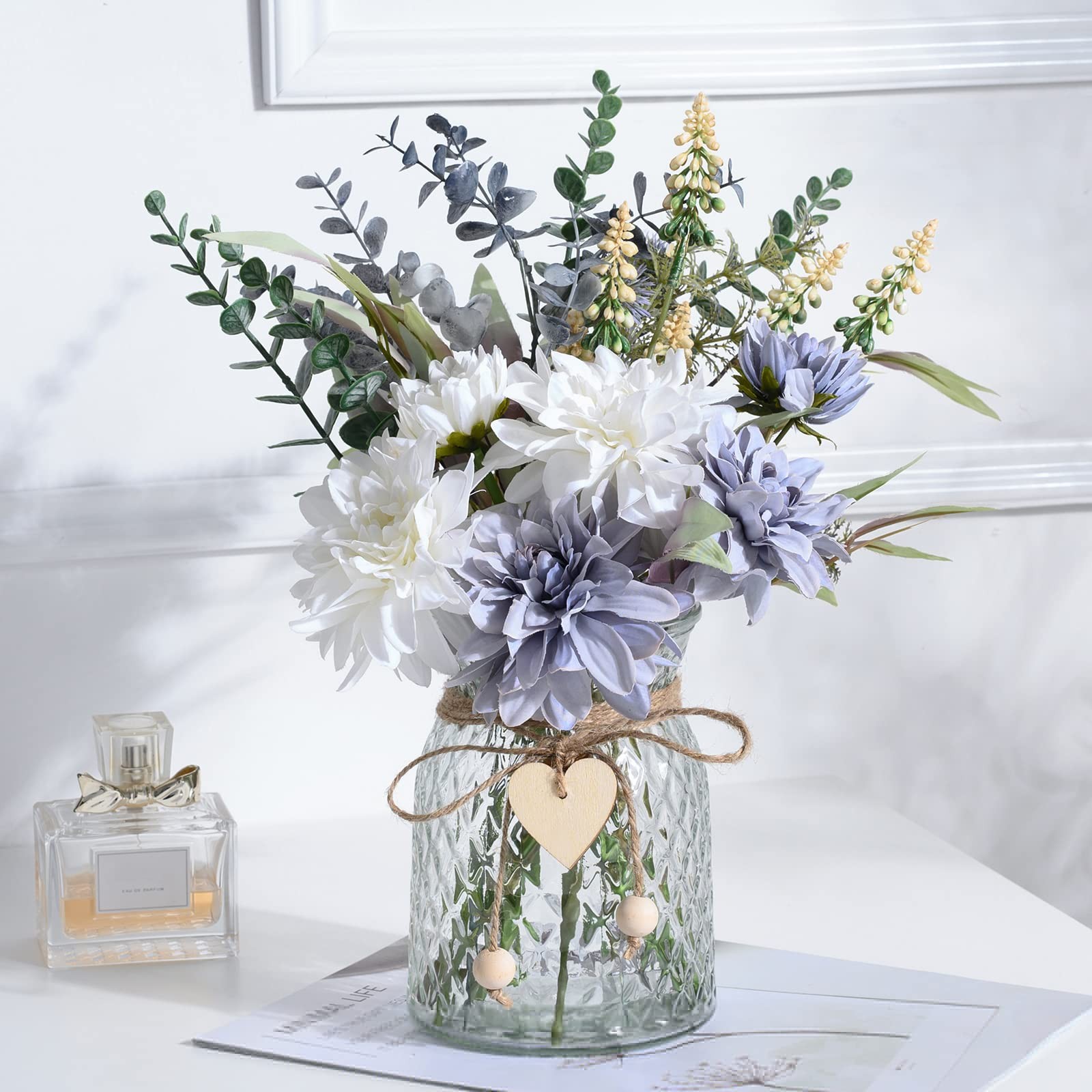 Fake Flowers Artificial Blue Flowers with Vase, Table Centerpieces for Dining…