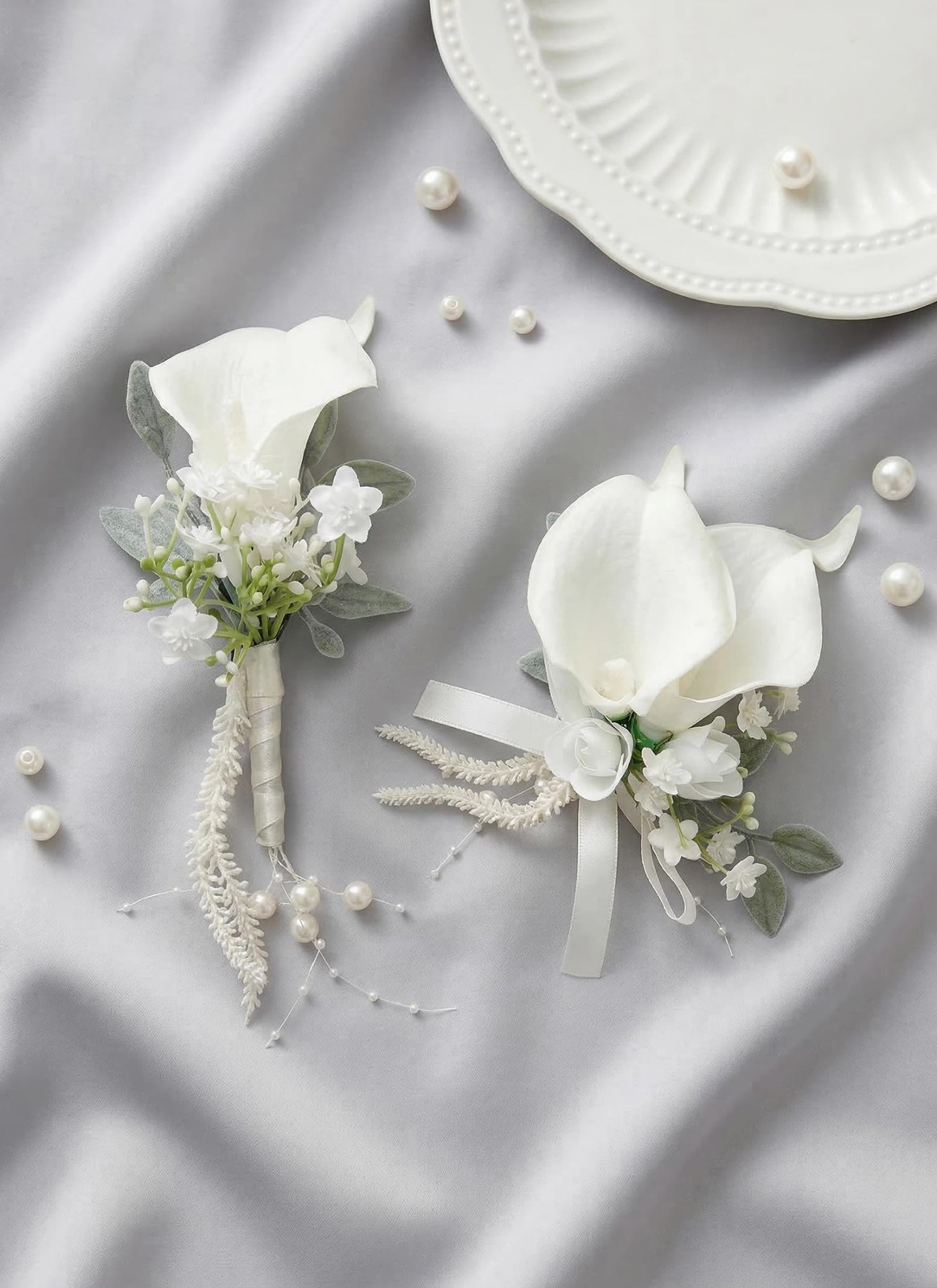 White Corsage And Boutonniere Set Wrist Kit For Men Women Prom Party Wedding