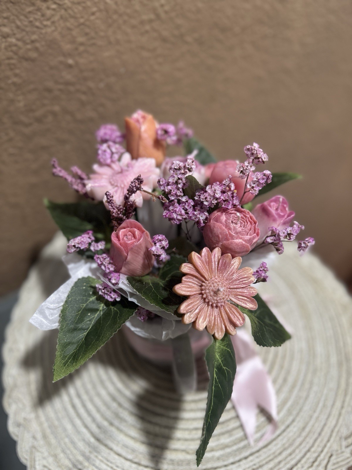 Pink & Purple Rose Gerbera Flower Arrangement Centerpiece in White Pot Ribbon