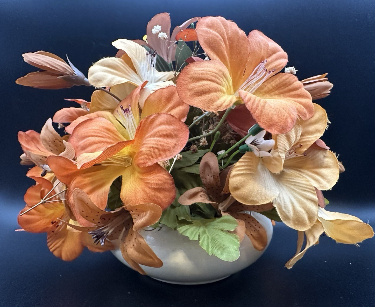 Small Vintage Silk Flower Arrangement Fall Colors Orange Lilies White Ceramic
