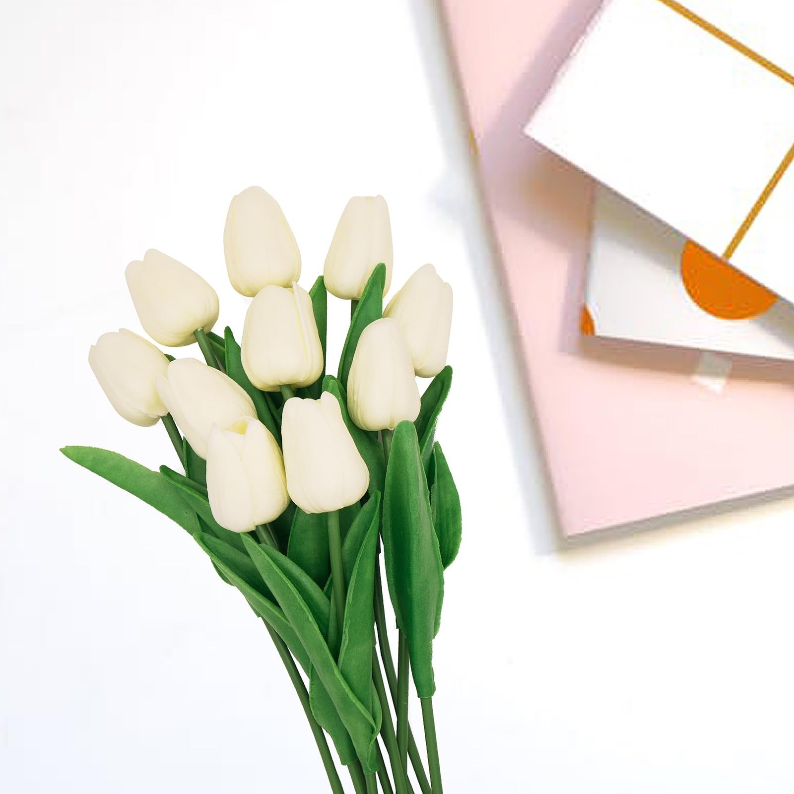 10 Pcs Faux Tulips Artificial Flowers with Stems, 13 Inch Artificial Tulips F…