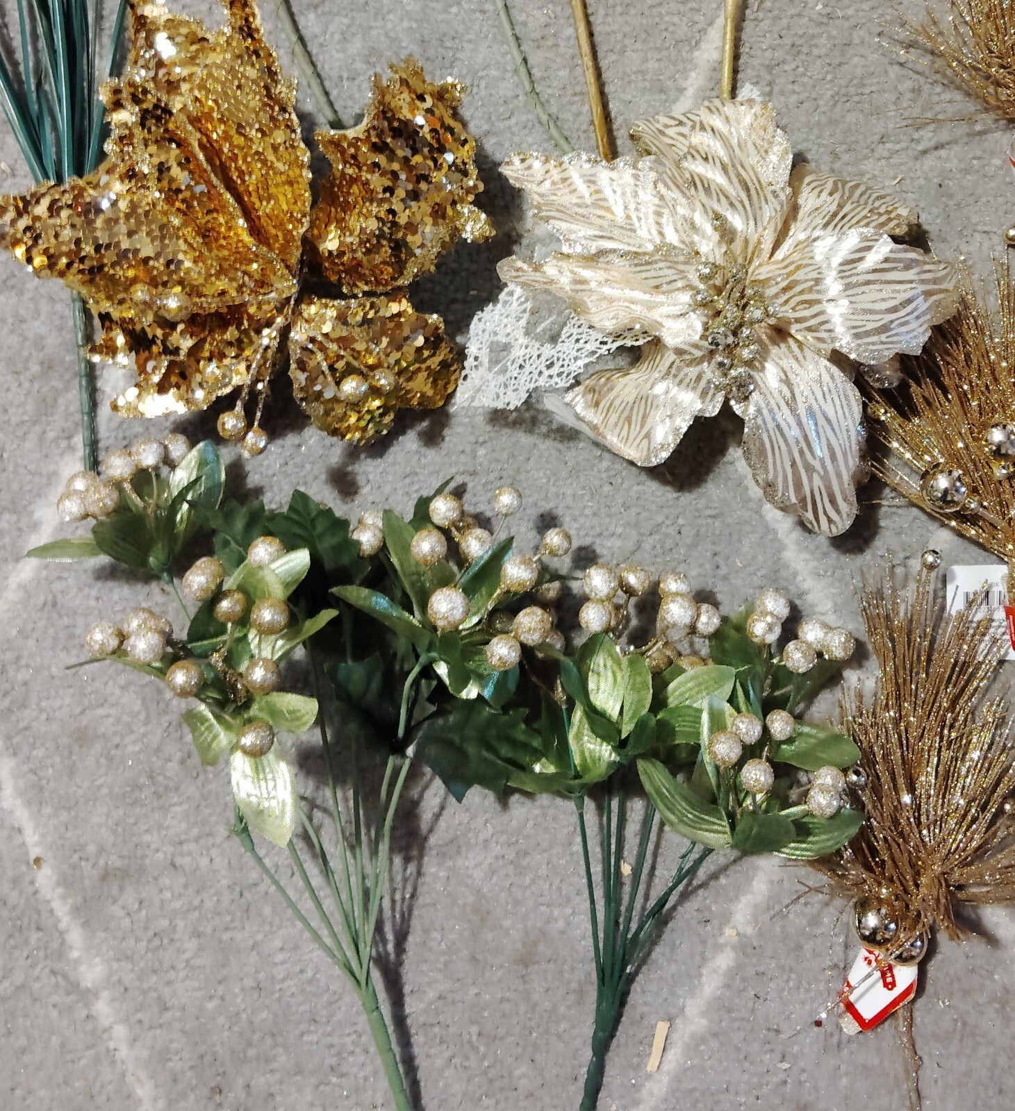 21 Faux Glitter Gold Branches, Flowers, Balls, Artificial Antler, Trees