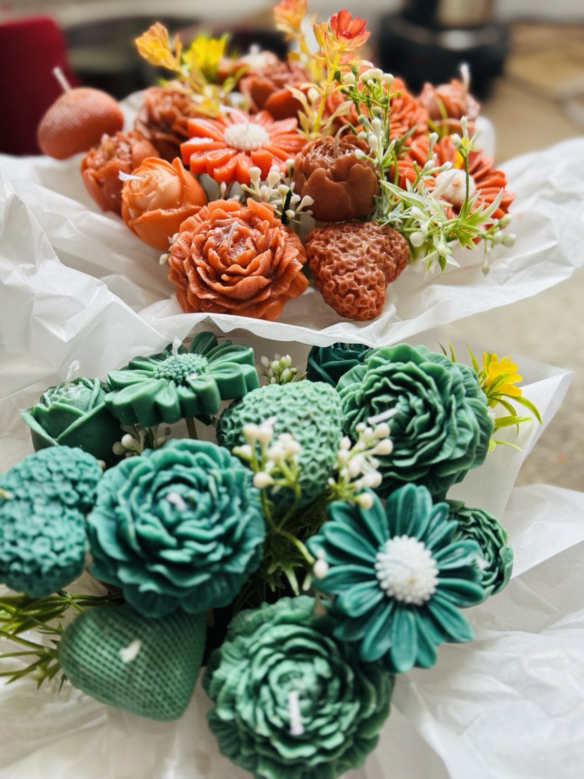 Artificial Wax Daisy Rose Flower Bouquet Centerpiece – Orange Green Yellow White