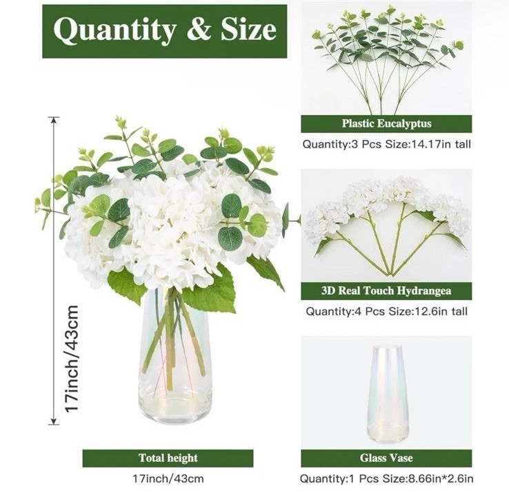 Fake Hydrangea Artificial Flowers With Vase 4 Pcs Real Touch And 3 Pc Eucalyptus
