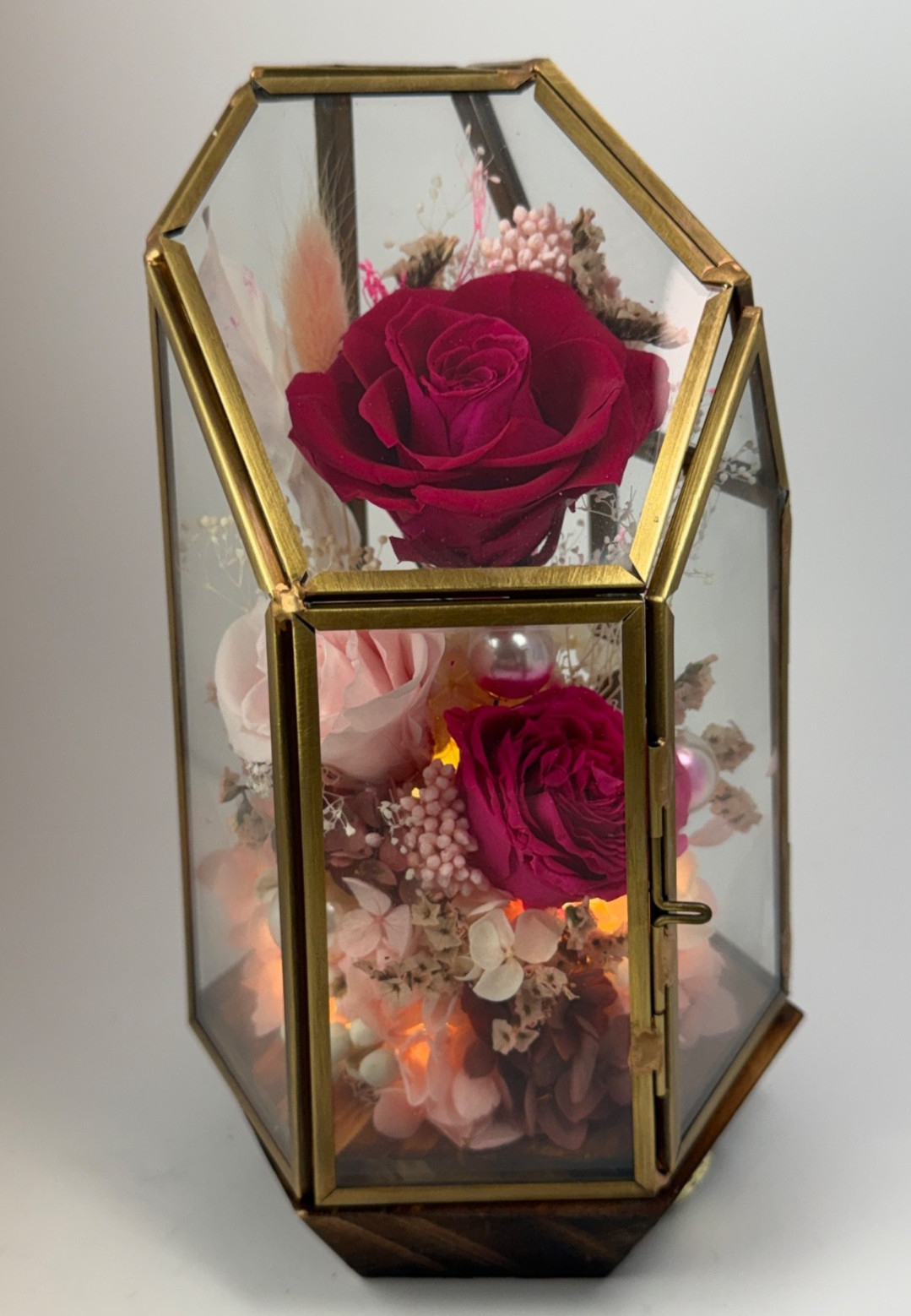 Mother’s Day Forever Preserved Pink & Red Roses in Glass Terrarium Dome w/ LED