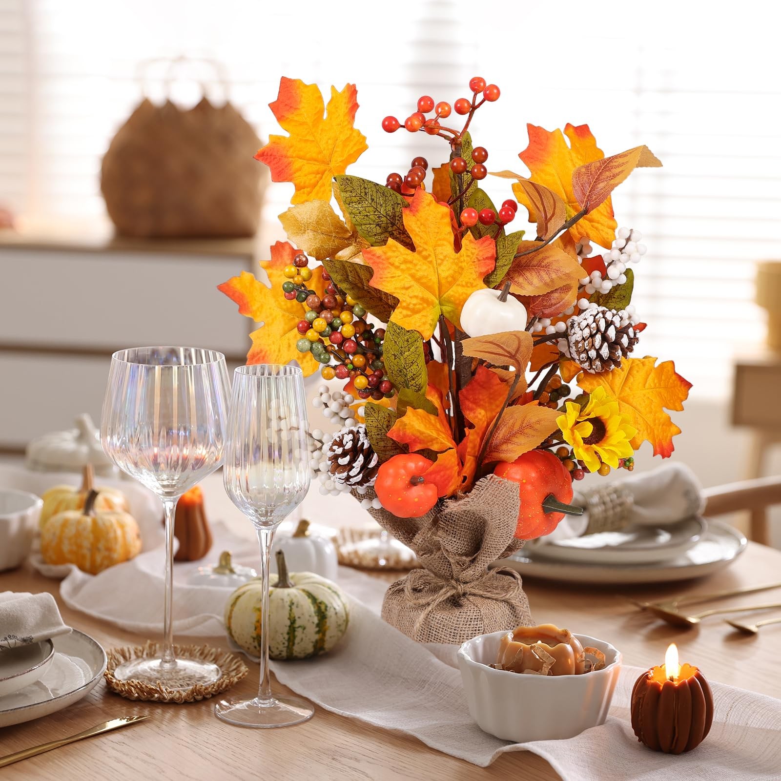 2 PCS Fall Maple Tabletop Tree Decor Pumpkins Pinecones LED Burlap Base Autumn