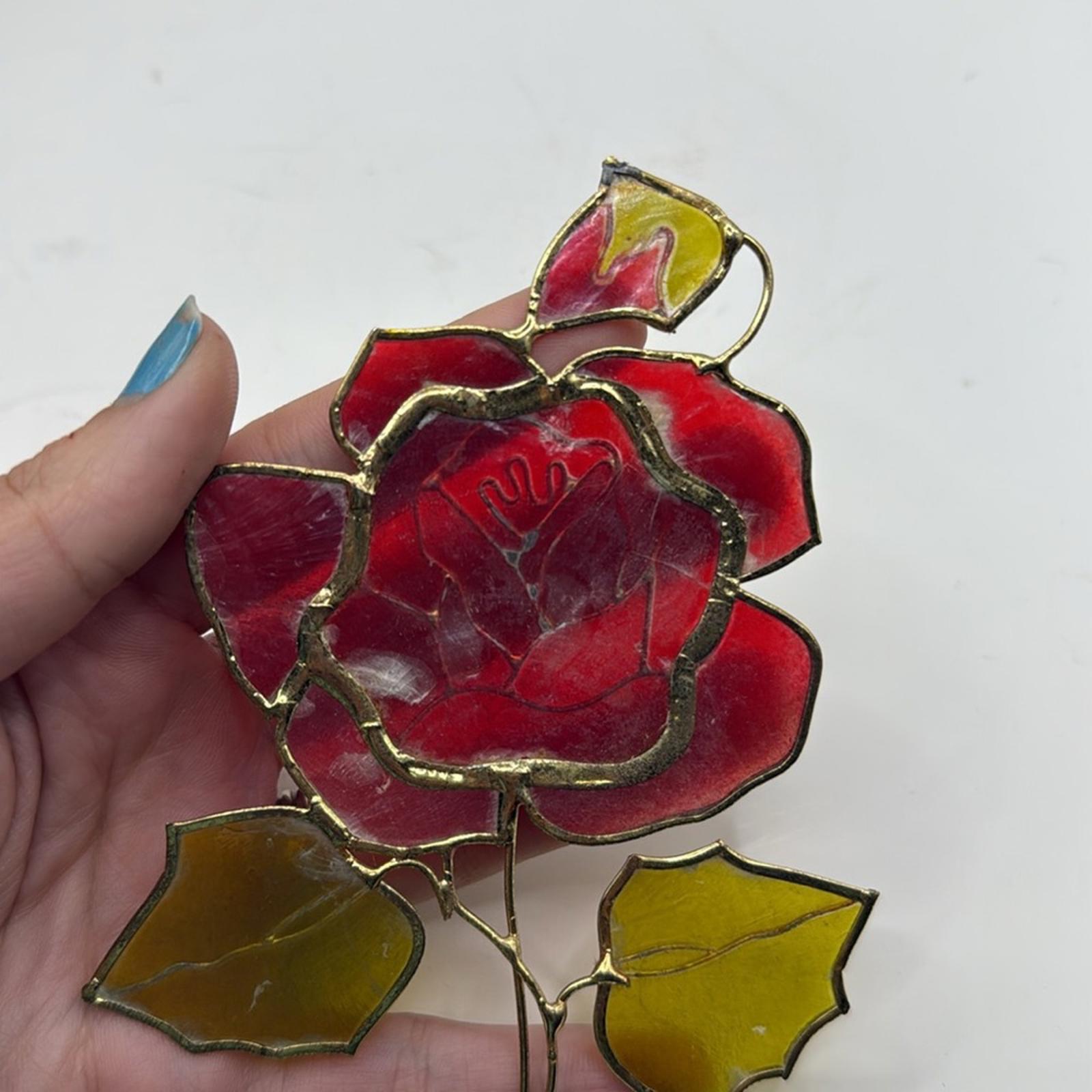Vintage Faux Stained Glass Red Rose Flower Decor Collectible