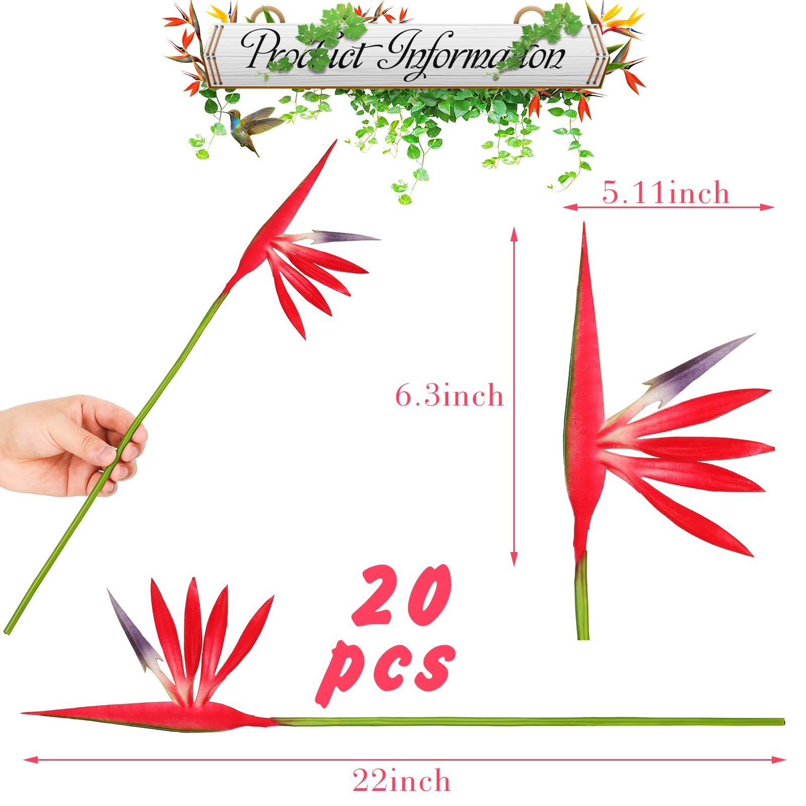 20 PCS 22 Inch Red Bird Of Paradise Artificial Plant Hawaiian Tropical Flower