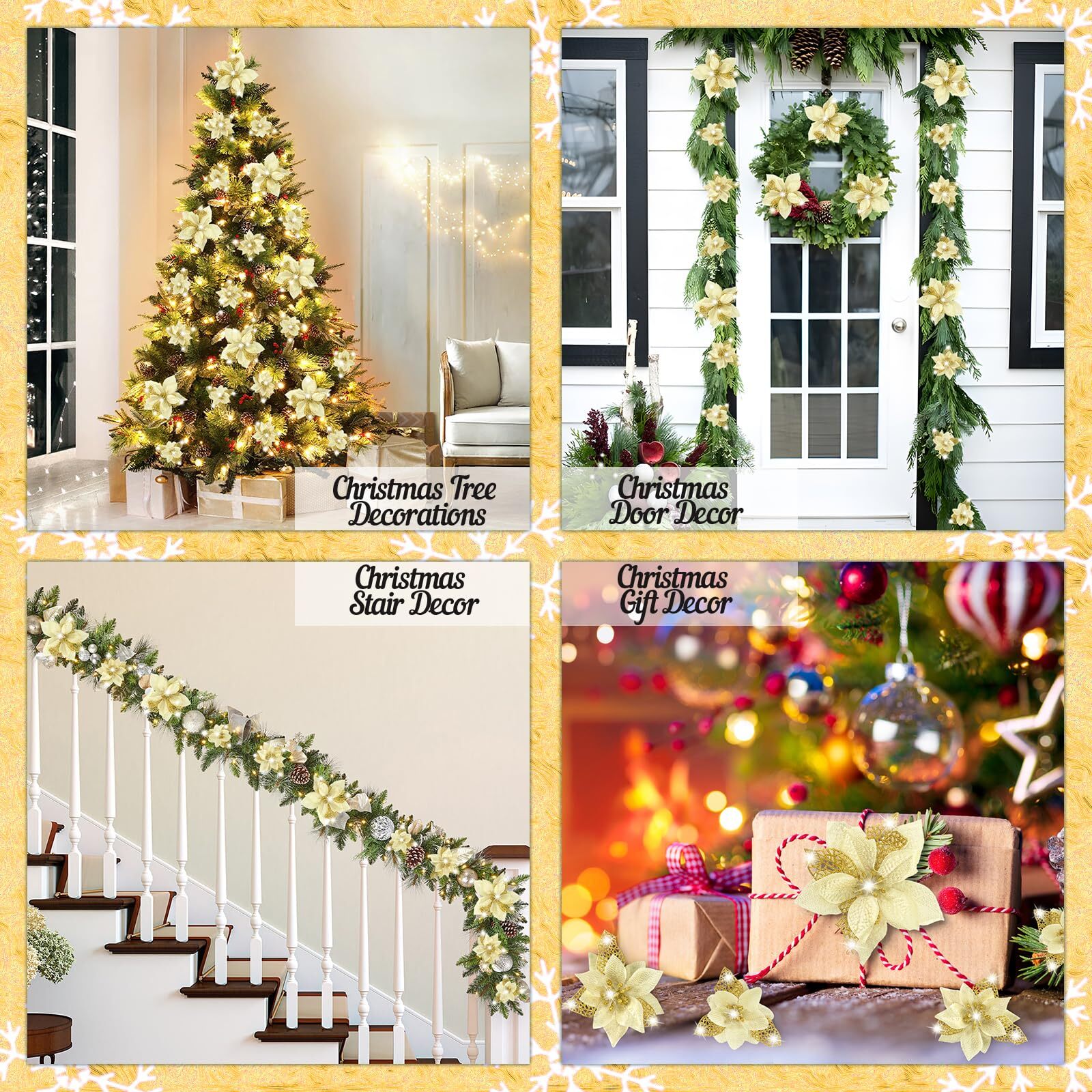 Christmas Poinsettia Decorations 28pcs Gold Glitter Tree Ornaments Clips