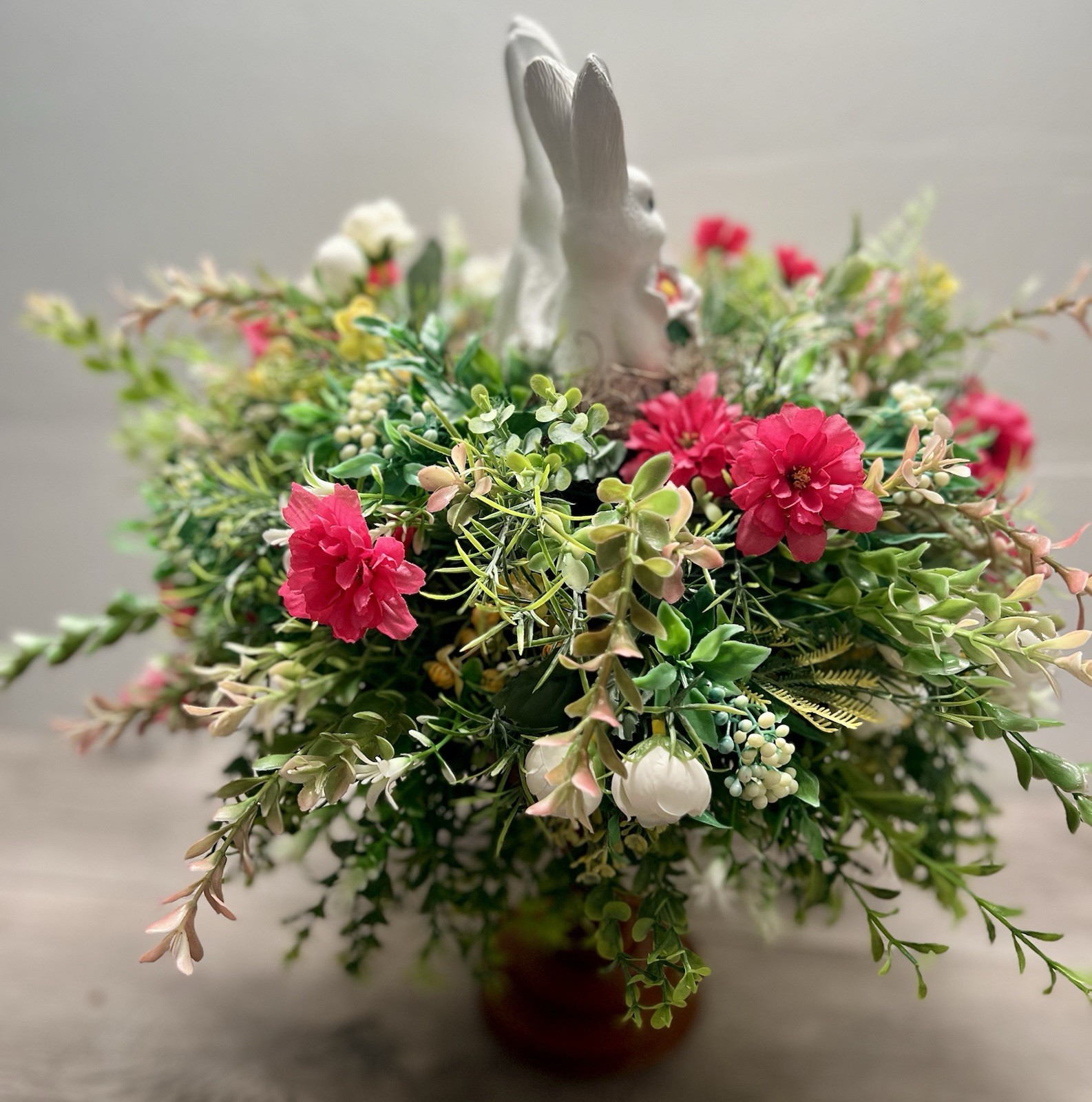 Spring Easter Candle Stick Floral Arrangement Greenery Flowers Rabbit