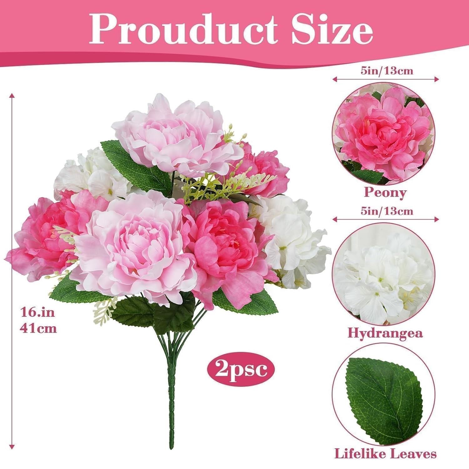 Pink Cemetery Flowers Fake Peonies for Graves 16 Inch Artificial Grave Markers