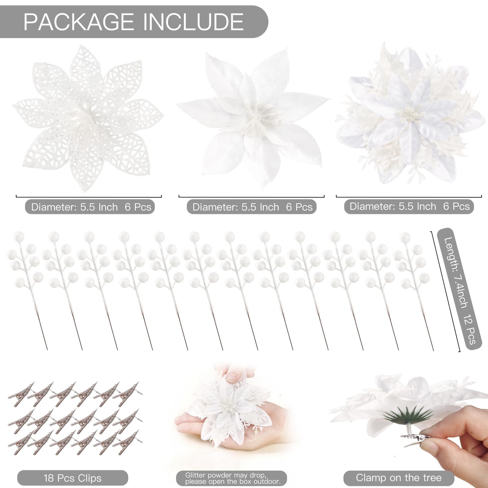 30 PCS White 3 Styles Artificial Christmas Glitter Poinsettia Flowers Picks