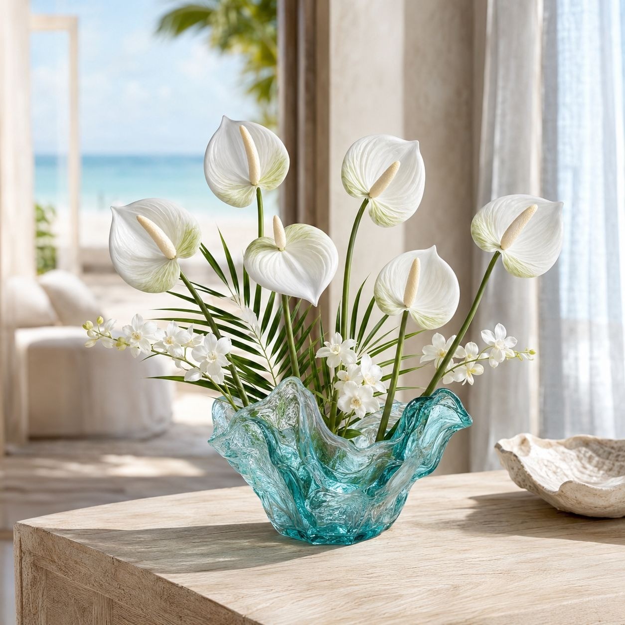 White Green Real-Touch Artificial Anthurium Stems, Set of 6, 11 Inch Faux Tropic