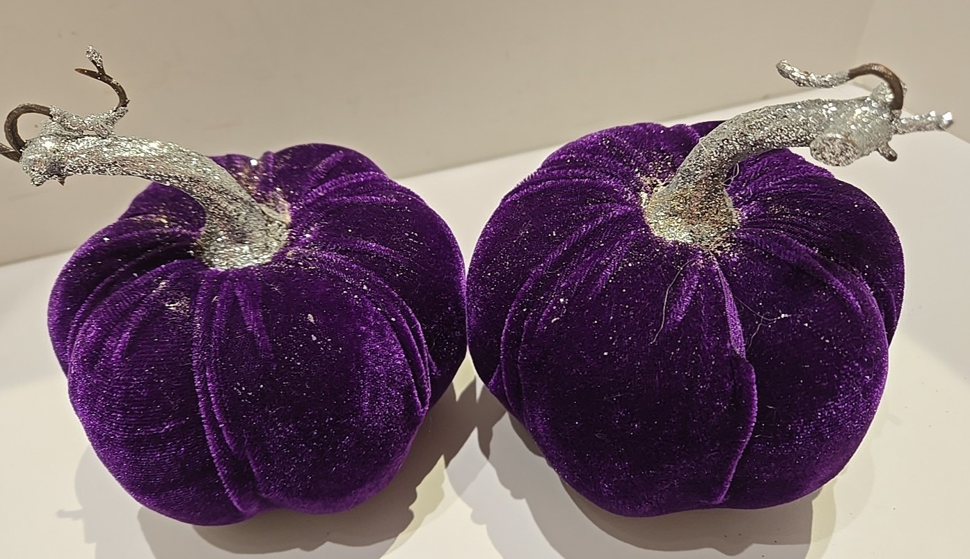Purple Velvet Pumpkin with glitter stems Lot of 2