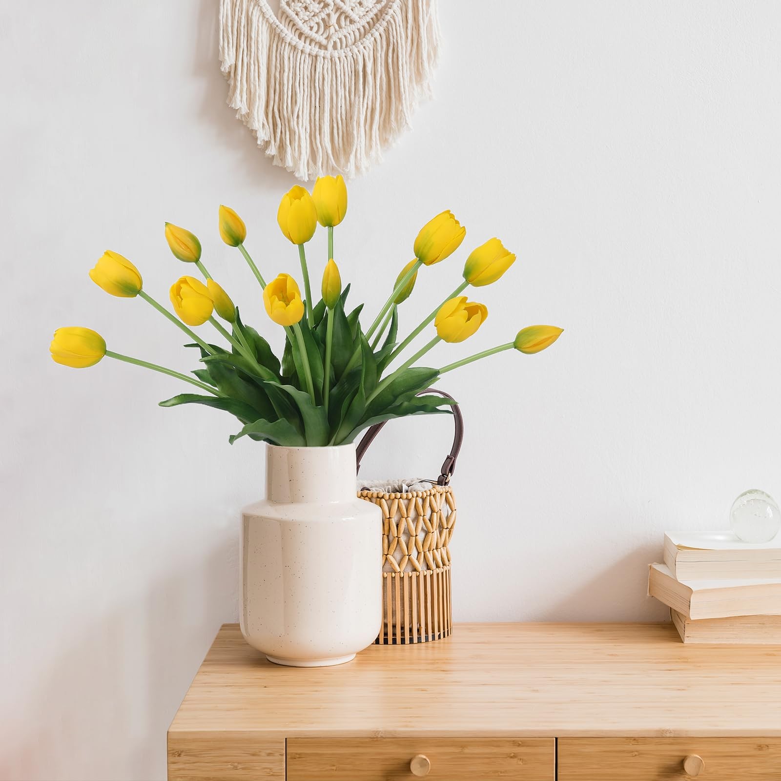 15 PCS Yellow Artificial Tulips Real Touch Latex Soft Faux Bouquets Room Decor