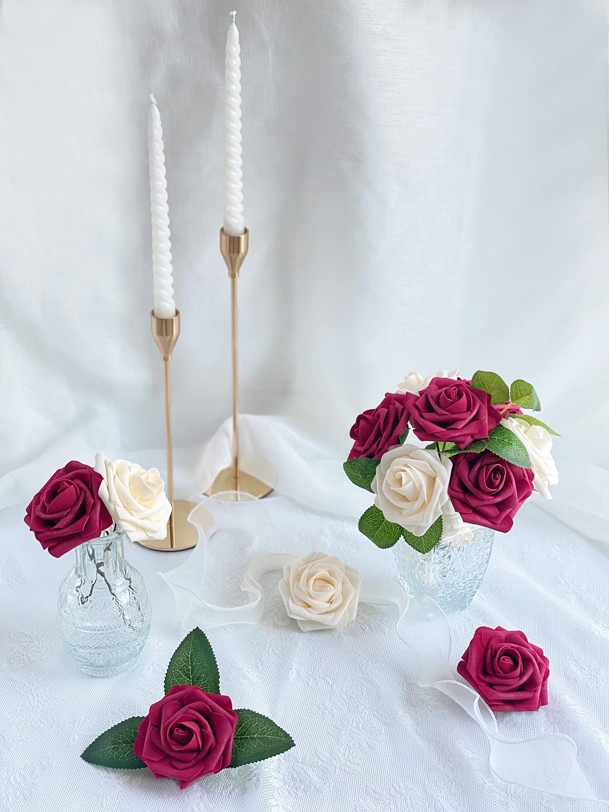 Artificial Flowers 25 pcs Fake Burgundy Champagne Roses for DIY Wedding Bouqu…