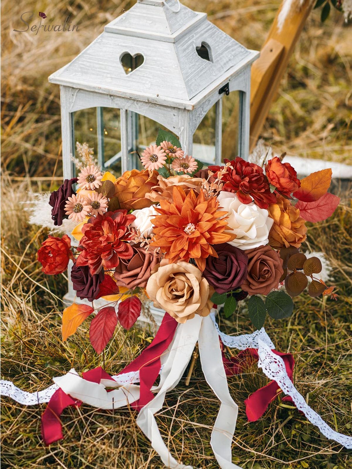 Fall Flowers Artificial Burnt Orange Fake Cake Flowers Bridal Bouquet Set