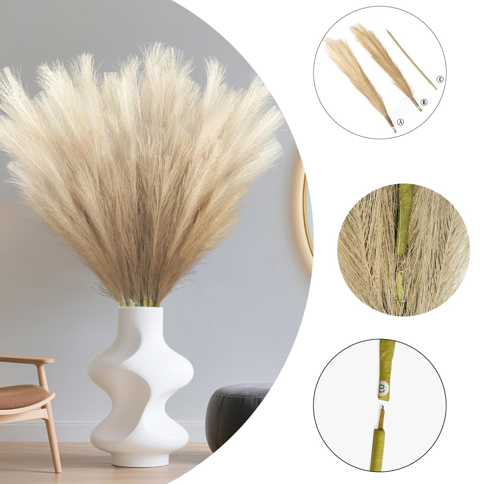 8Pcs Beige Brown Faux Pampas Grass Tall Decor, 35.4” Fluffy Artificial Pompou…