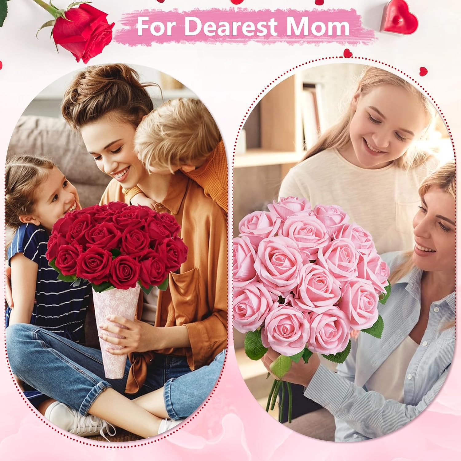50 Pcs Pink Roses Artificial Flowers, Real Touch Velvet Roses Bouquet Fake Flowe