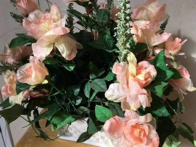 Silk Flower Floral Arrangement In Vintage Bowl. Decorative, Hand Designed MED sz