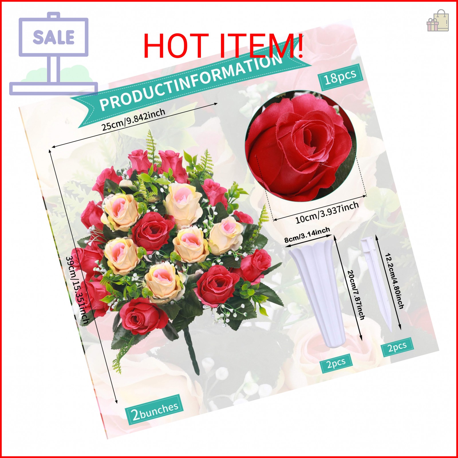 Lodou Artificial Cemetery Flowers,Set of 2 Grave Decorations Roses, Tombstone Me