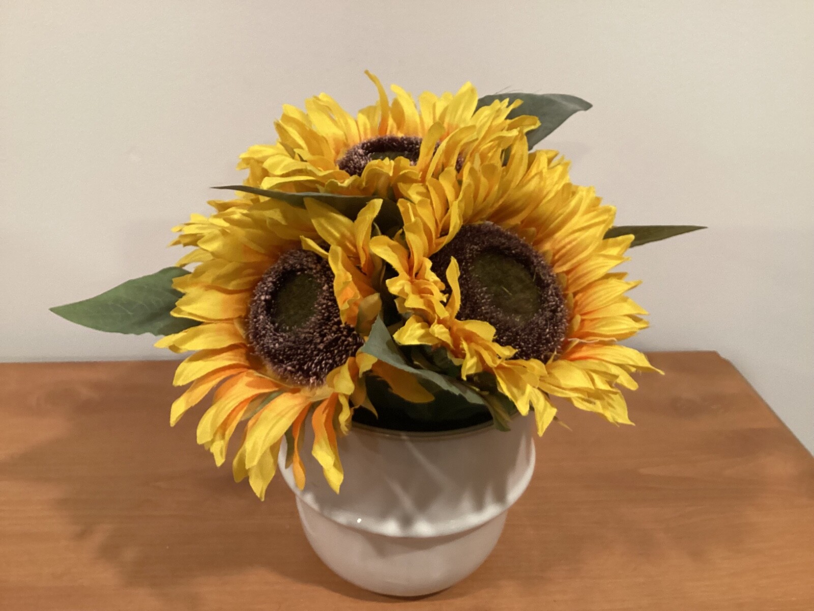 Sunflower Artificial Floral Arrangement In Ceramic Pot. Approx 11” tall.