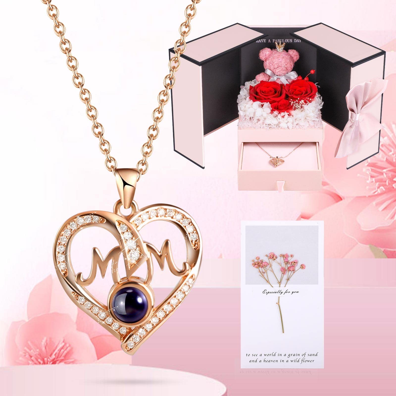 Preserved Real Roses with I Love You in 100 Languages Mom Necklace Set, Uniqu…