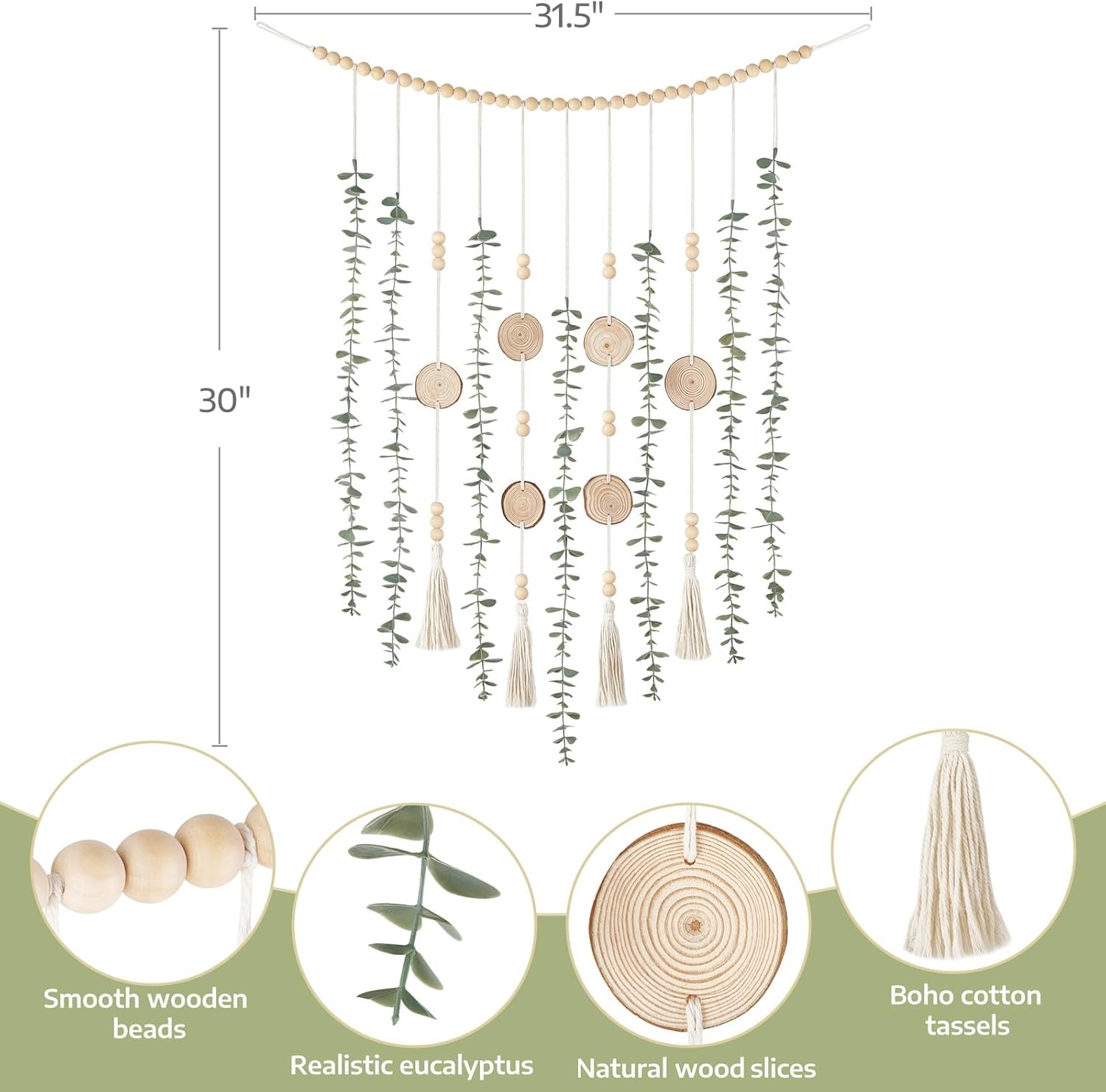 Hanging Artificial Plant Eucalyptus Wall Decor 31” Wooden Bead Garland W/ Fake