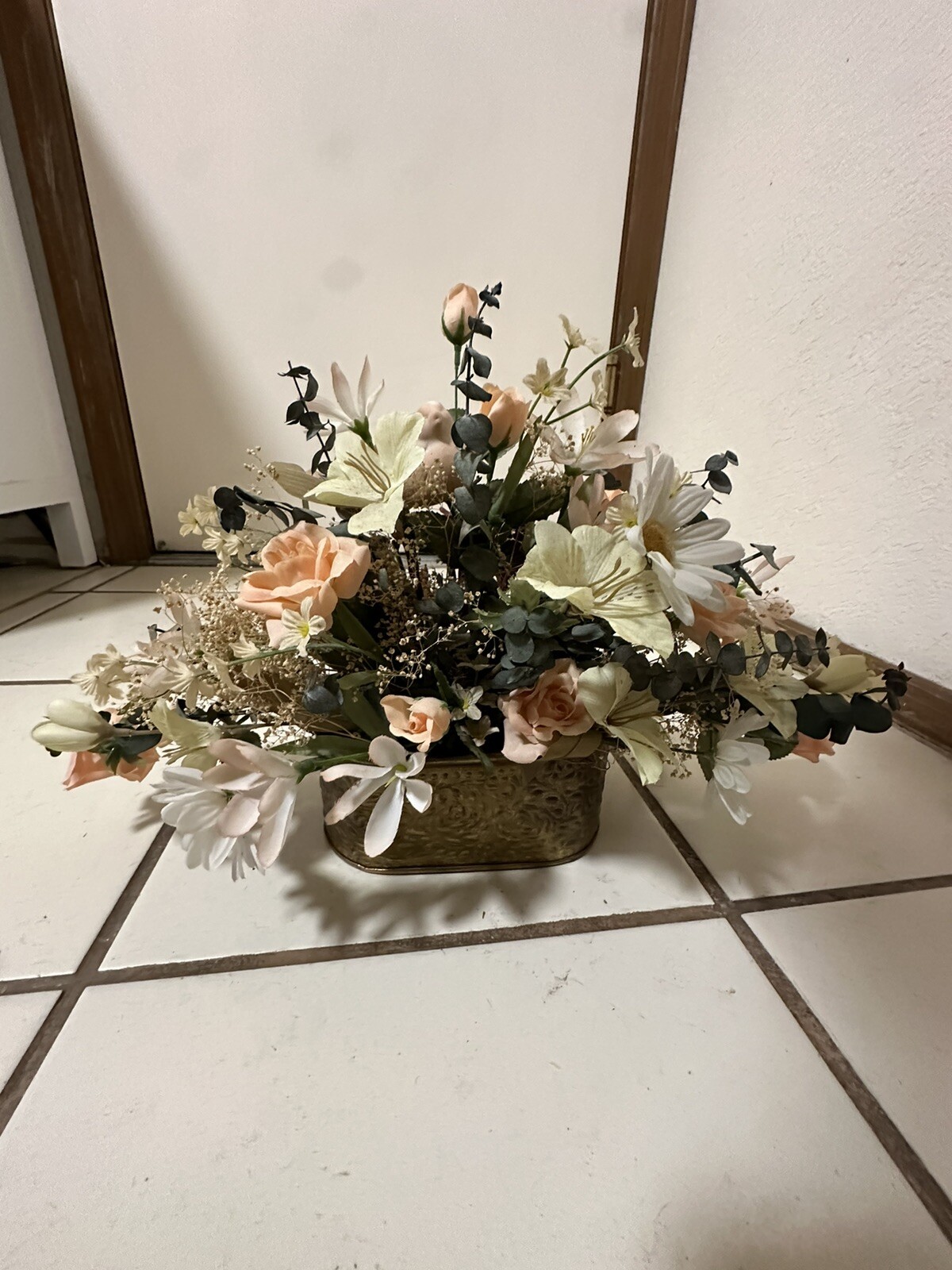 Silk Floral Arrangement Antiqued Brass Planter 18″W X 12”T Eucalyptus & Various