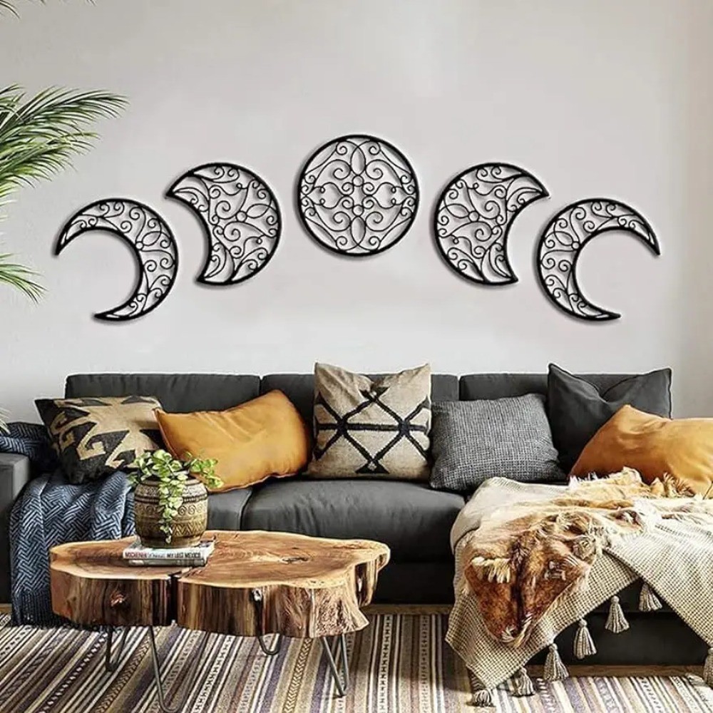 5-Piece Black Moon Phase Metal Wall Art – Nordic Boho Living Room Bedroom Decor