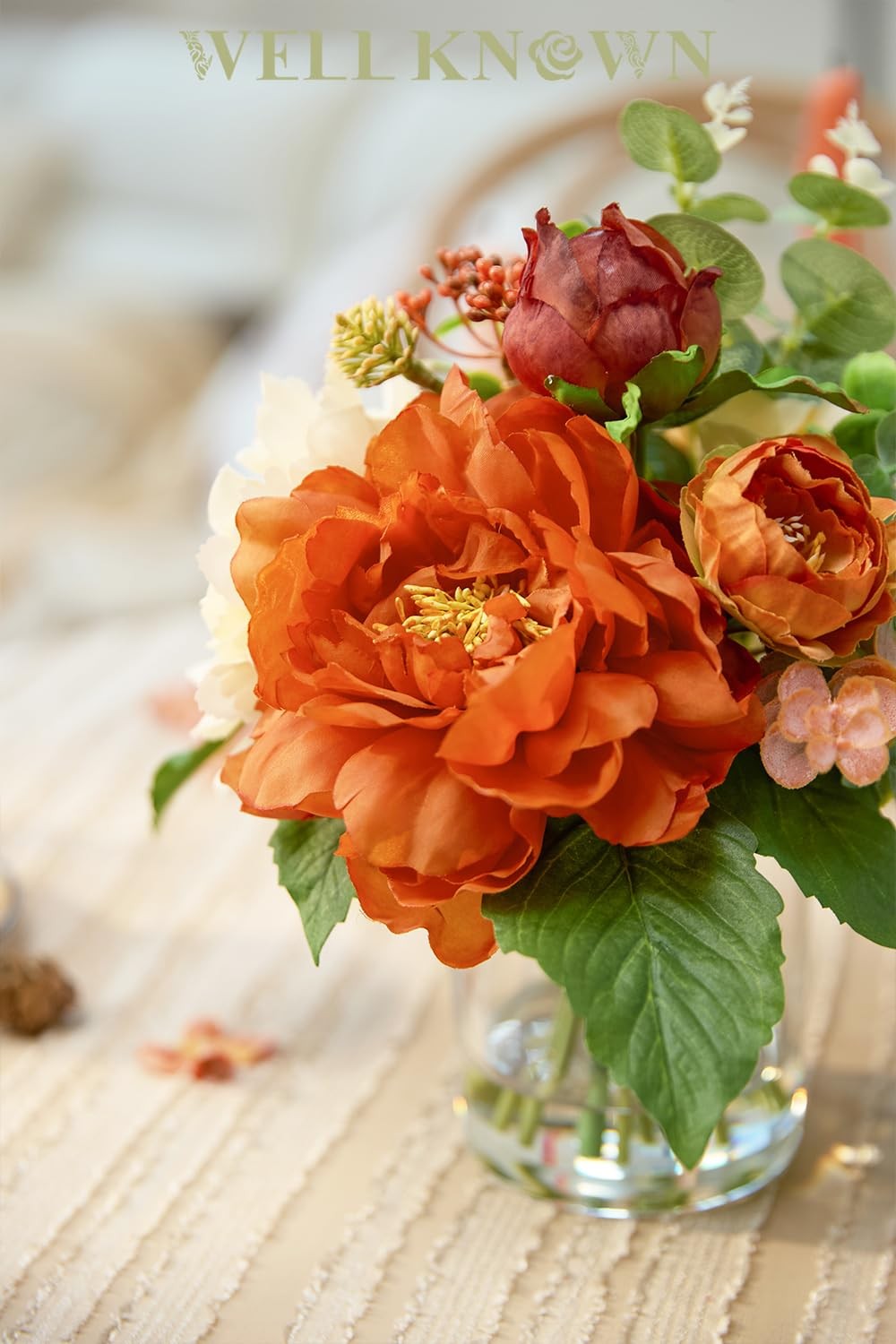 Artificial Flowers in Glass Vase with Fake Water, Burnt Orange & Champagne Si…